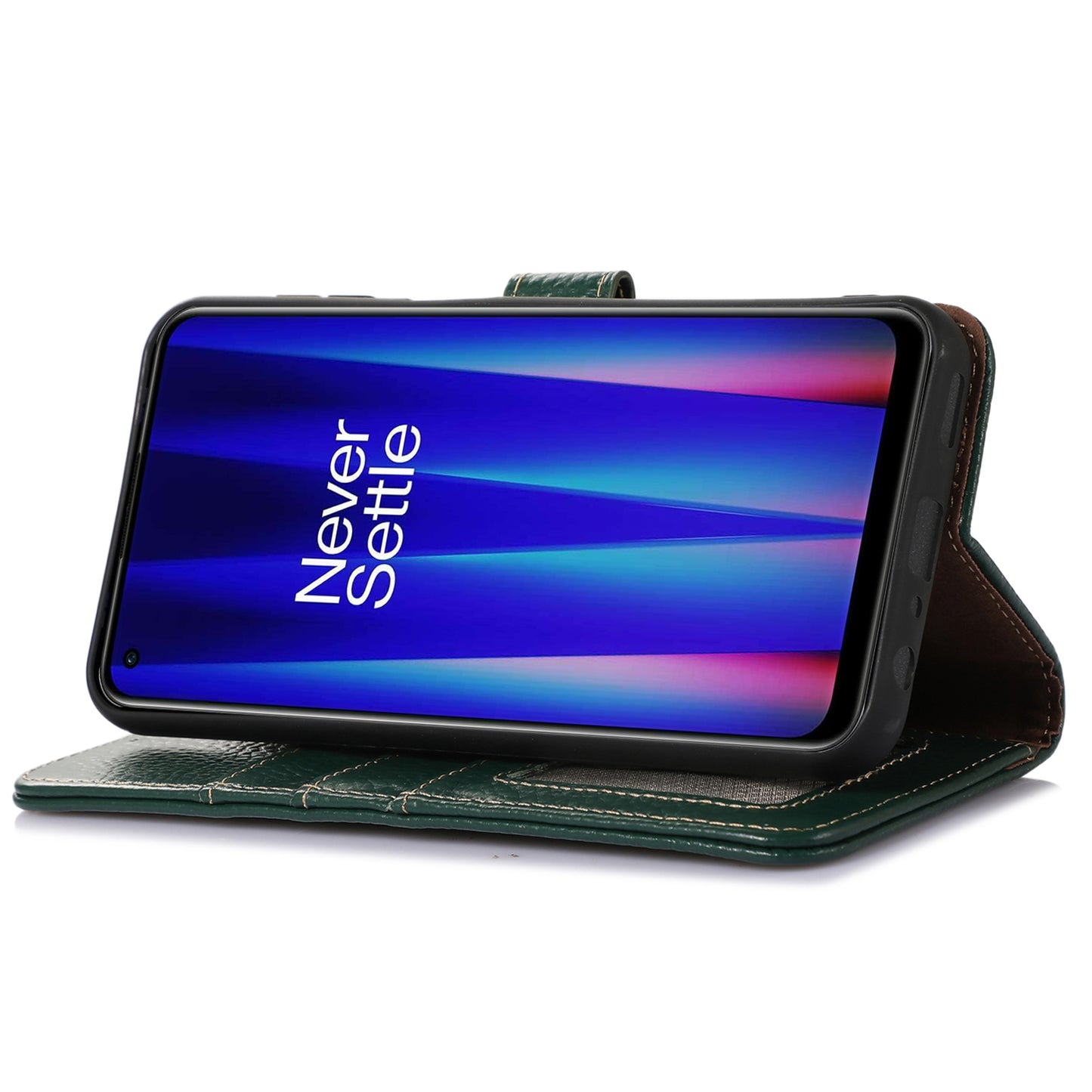 For OnePlus Ace 2 5G / 11R 5G Anti-Fingerprint Wallet Genuine Cow Leather Litchi Texture RFID Blocking Stand Case - Green