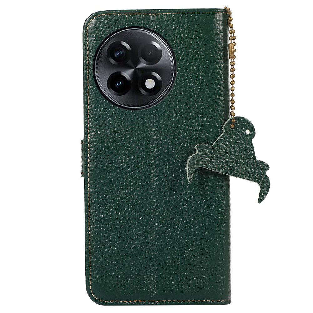 For OnePlus Ace 2 5G / 11R 5G Anti-Fingerprint Wallet Genuine Cow Leather Litchi Texture RFID Blocking Stand Case - Green