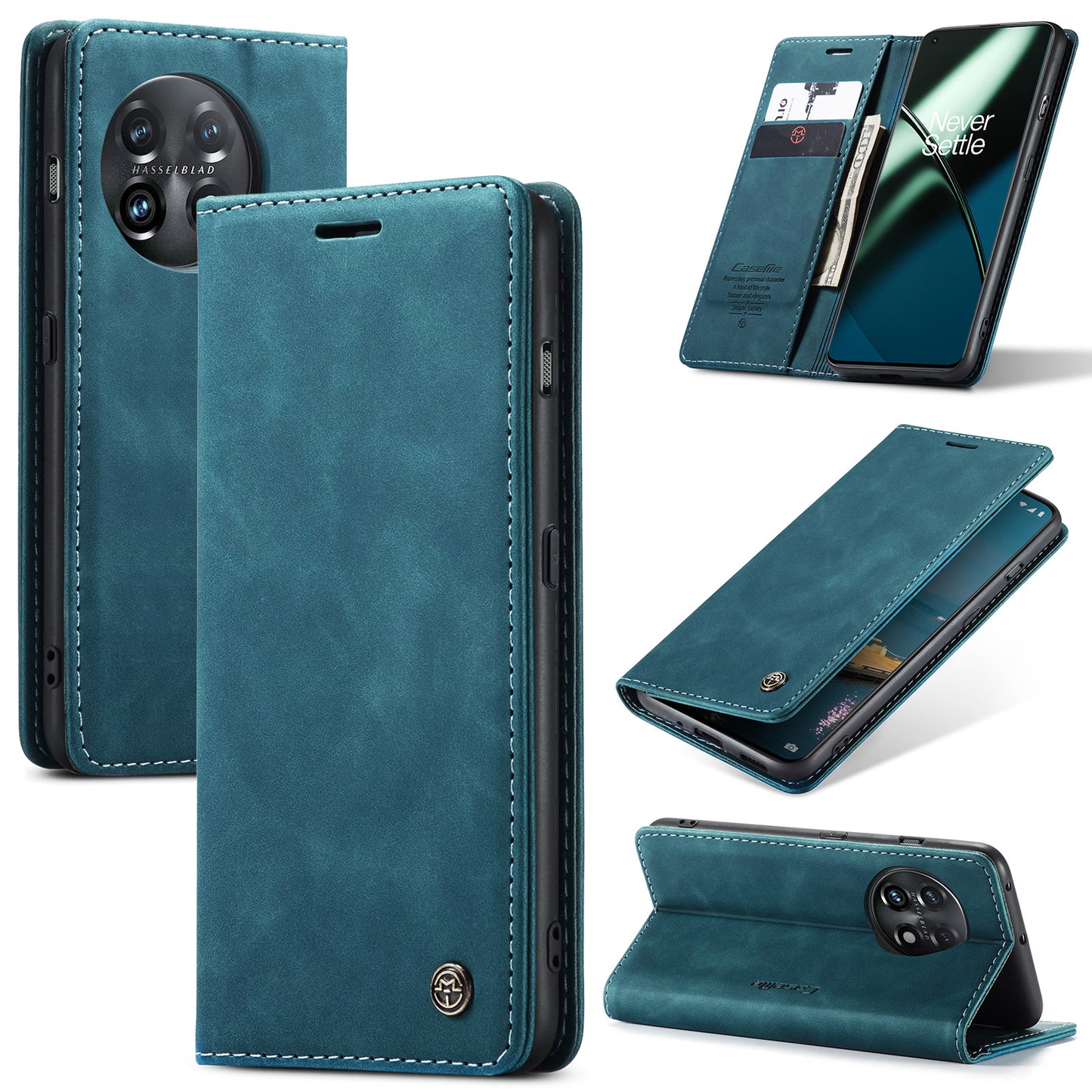 CASEME 013 Series Phone Shell for OnePlus 11 5G Magnetic Flip PU Leather Case Wallet Stand Cover - Blue