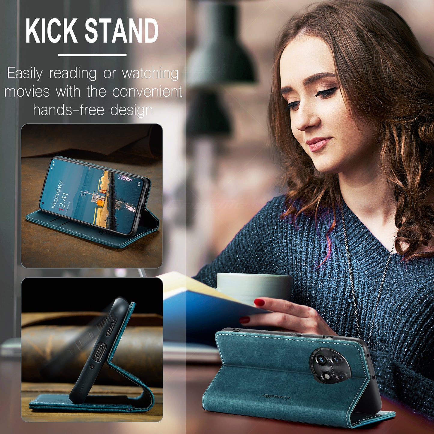 CASEME 013 Series Phone Shell for OnePlus 11 5G Magnetic Flip PU Leather Case Wallet Stand Cover - Blue