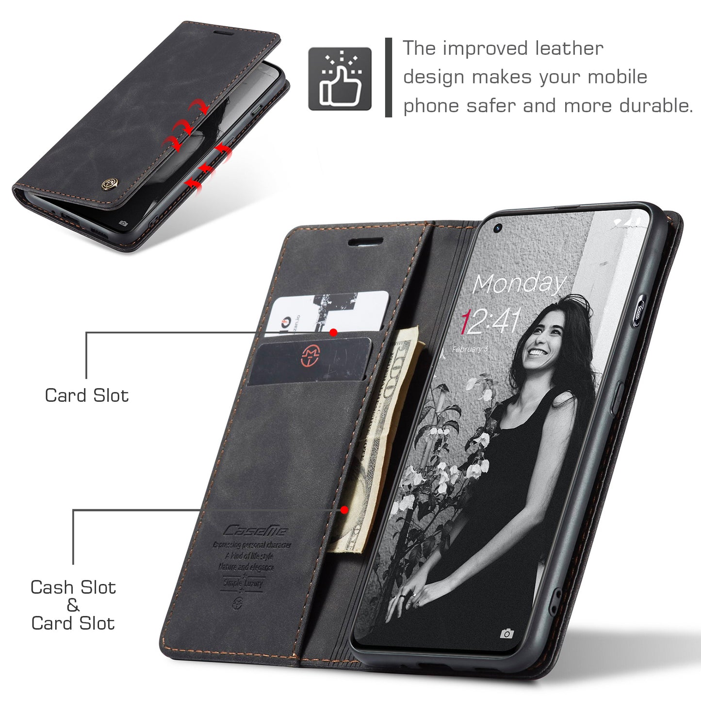 CASEME 013 Series Phone Shell for OnePlus 11 5G Magnetic Flip PU Leather Case Wallet Stand Cover - Black
