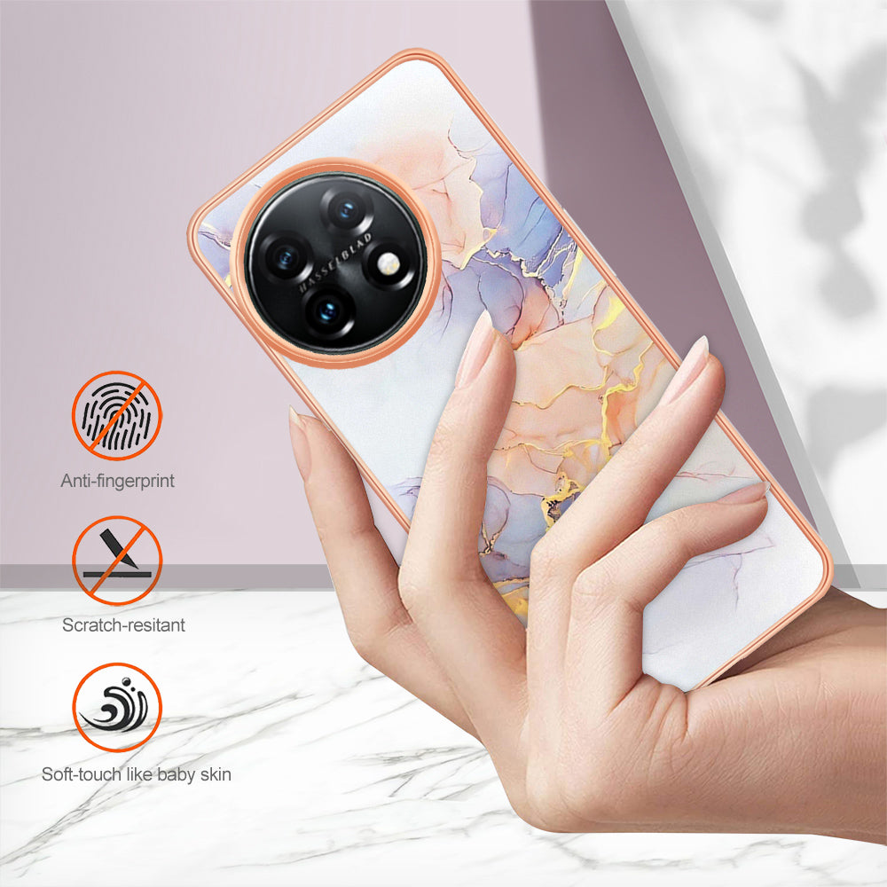 YB IMD Series-1 for OnePlus 11 5G Anti-Dust Phone Case Marble Floral Pattern Electroplating TPU IMD Cover - Milky Way Marble White