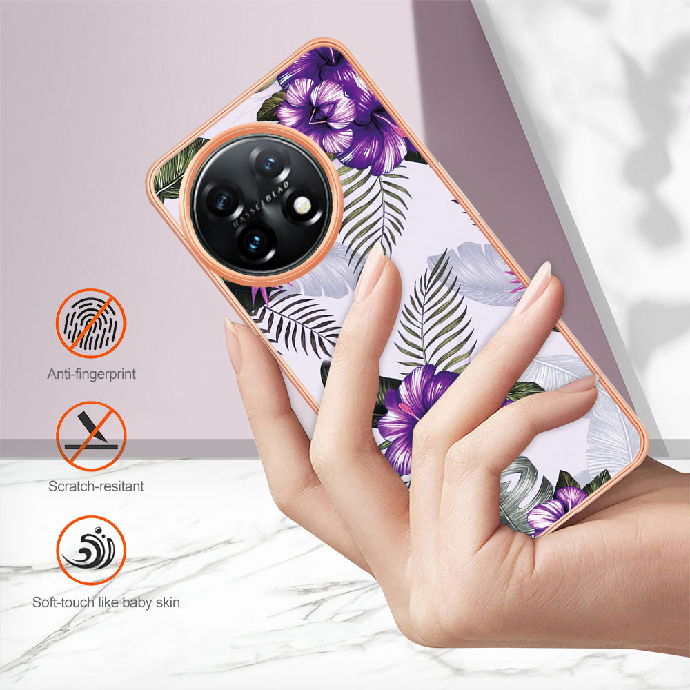 YB IMD Series-1 for OnePlus 11 5G Anti-Dust Phone Case Marble Floral Pattern Electroplating TPU IMD Cover - Purple Flower