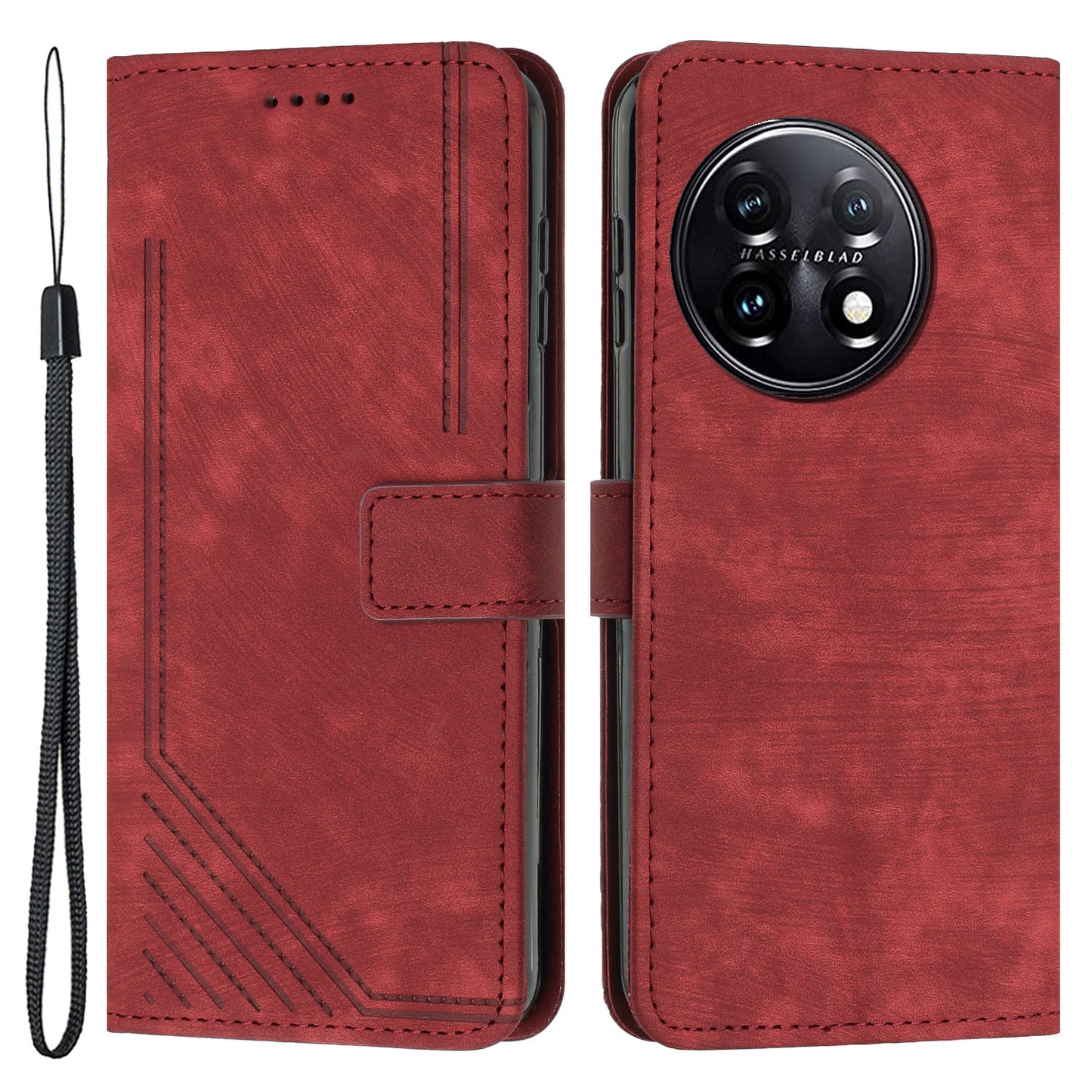 For OnePlus 11 5G Shockproof Phone Case Stand Imprinted Lines PU Leather Wallet Skin-touch Phone Cover - Red