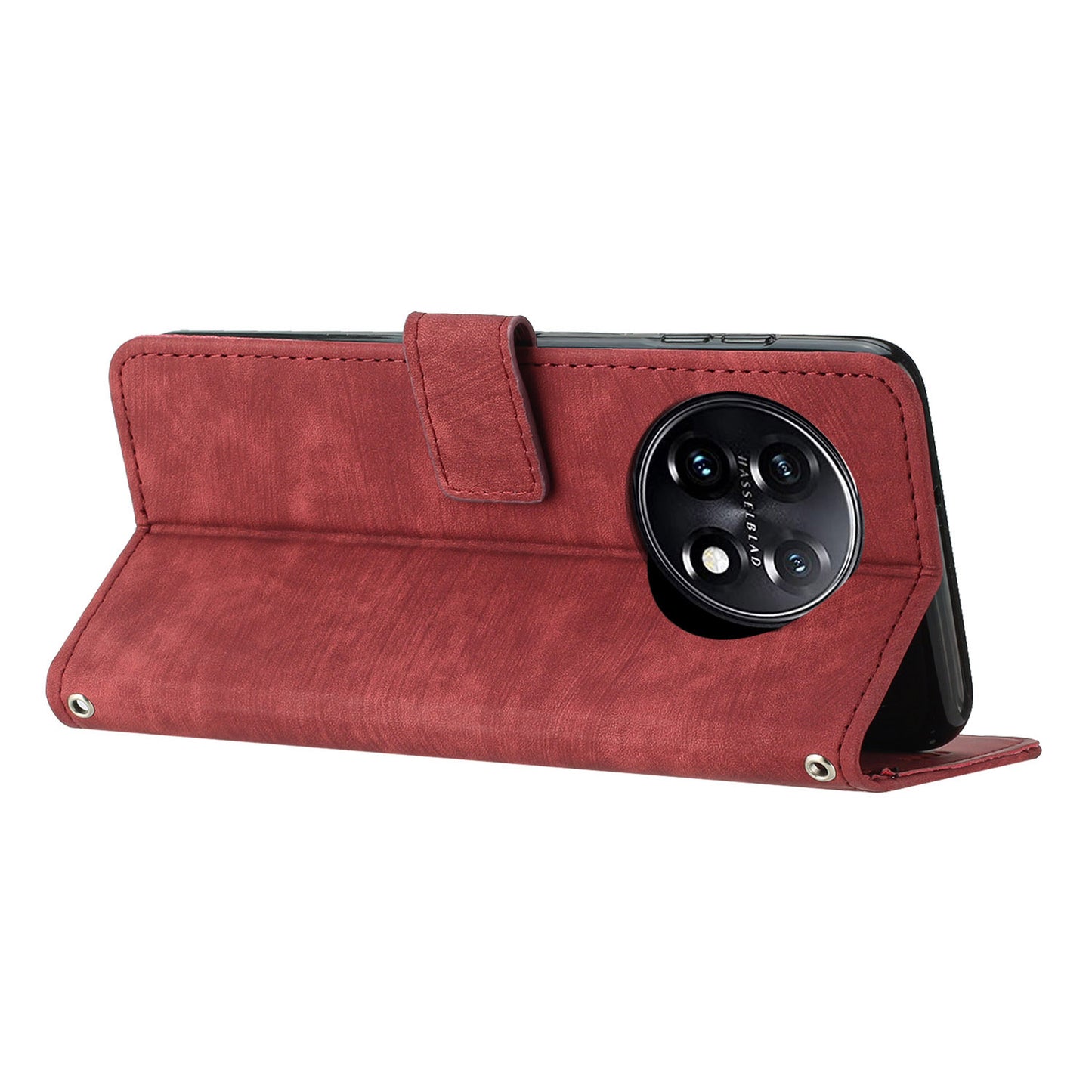 For OnePlus 11 5G Shockproof Phone Case Stand Imprinted Lines PU Leather Wallet Skin-touch Phone Cover - Red