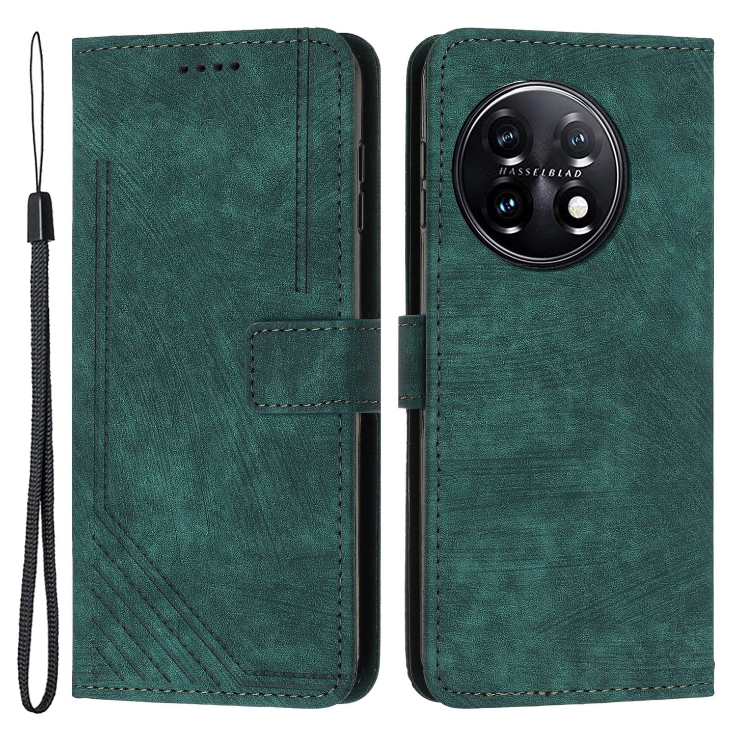 For OnePlus 11 5G Shockproof Phone Case Stand Imprinted Lines PU Leather Wallet Skin-touch Phone Cover - Green