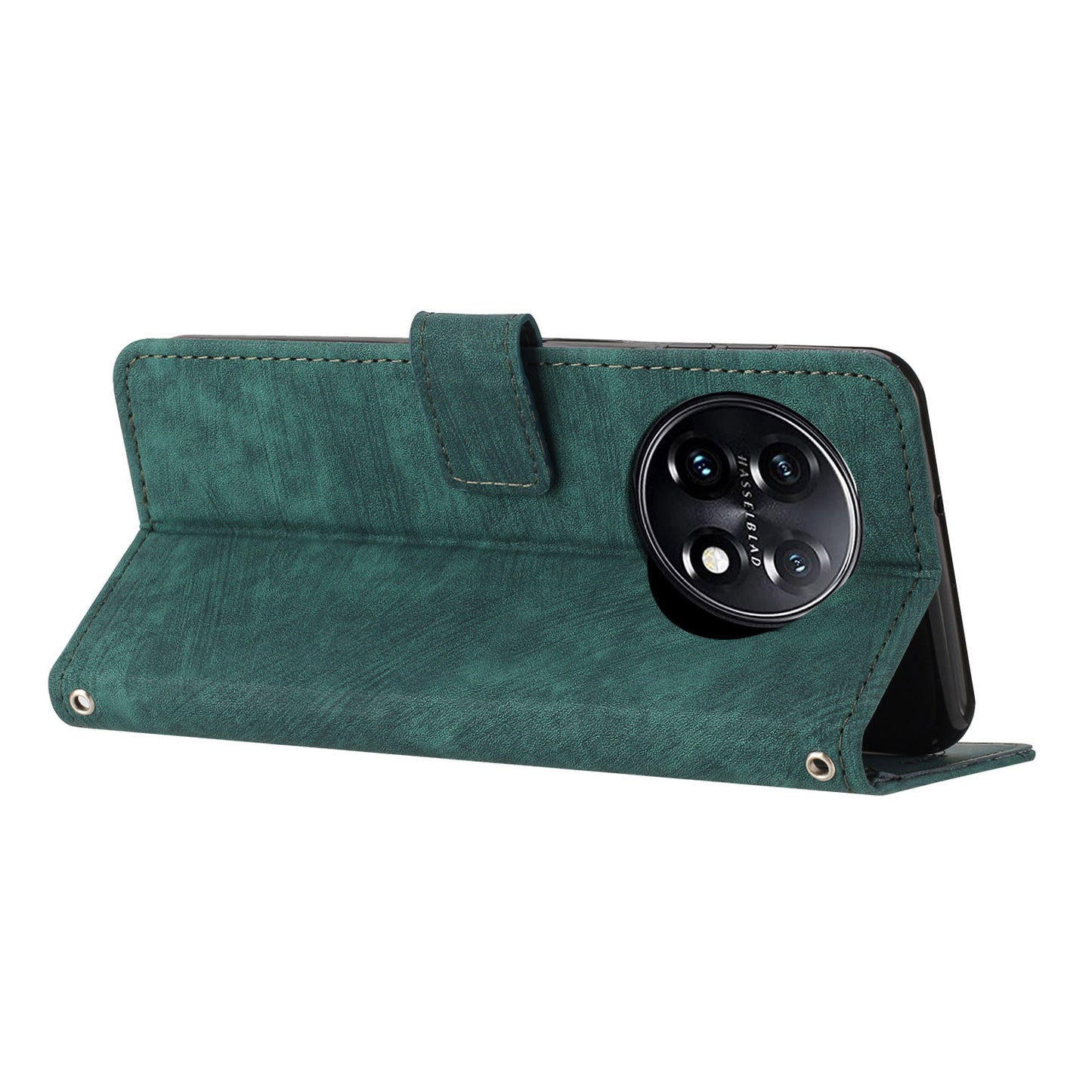 For OnePlus 11 5G Shockproof Phone Case Stand Imprinted Lines PU Leather Wallet Skin-touch Phone Cover - Green