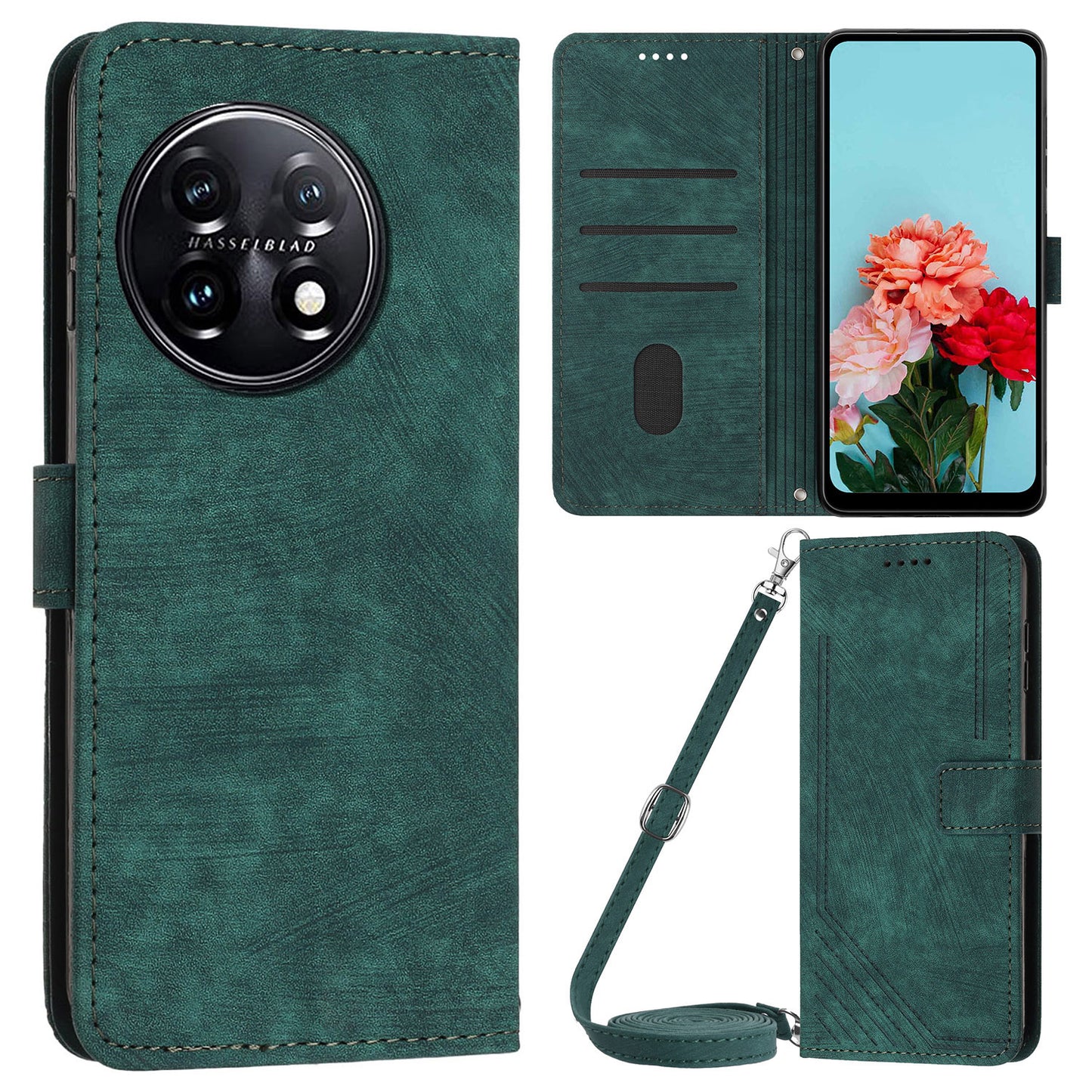 For OnePlus 11 5G PU Leather Skin-touch Wallet Case Stand Lines Imprinted TPU Inner Shell Phone Cover - Green