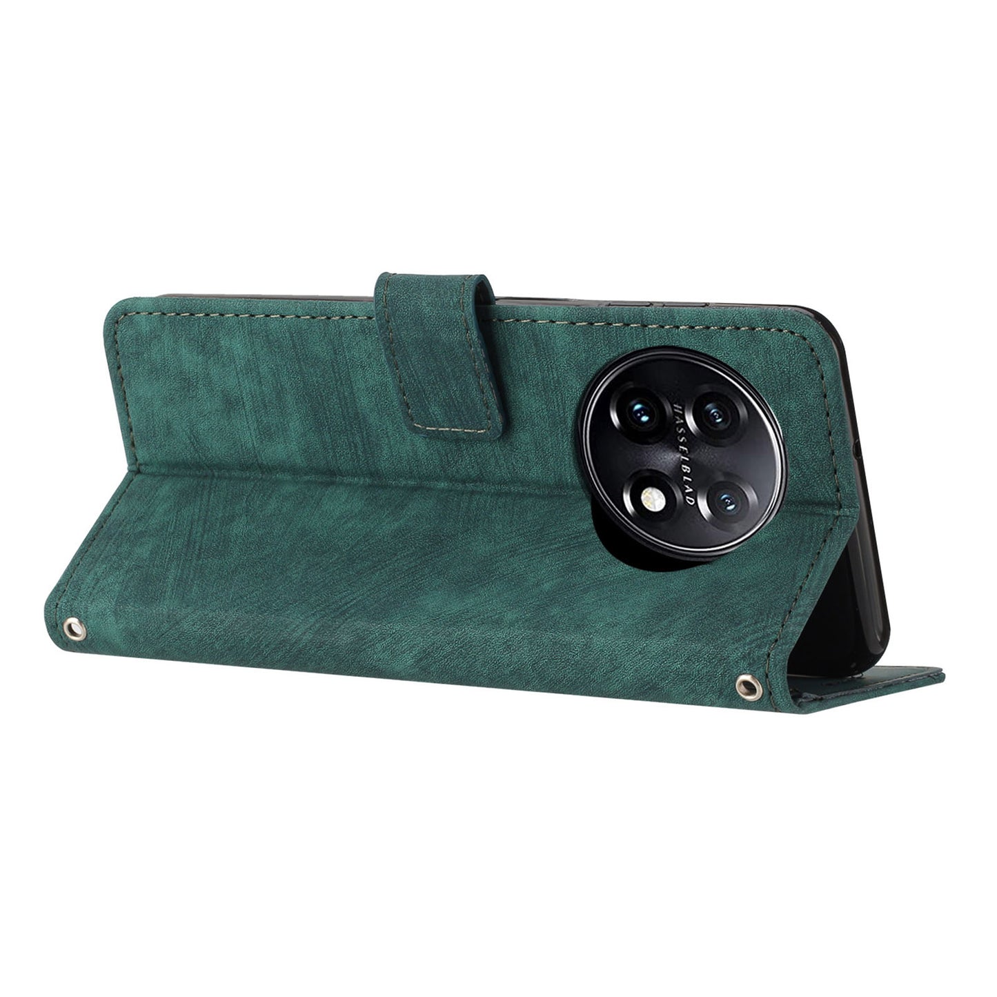 For OnePlus 11 5G PU Leather Skin-touch Wallet Case Stand Lines Imprinted TPU Inner Shell Phone Cover - Green