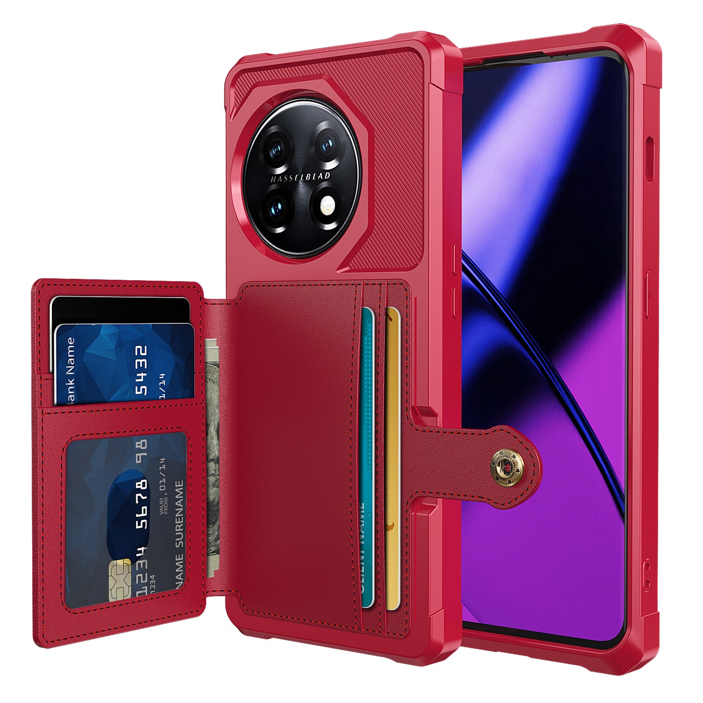 ZM03 For OnePlus 11 5G Shockproof Case PU Leather Coated TPU Phone Cover with Card Holder, Kickstand - Red