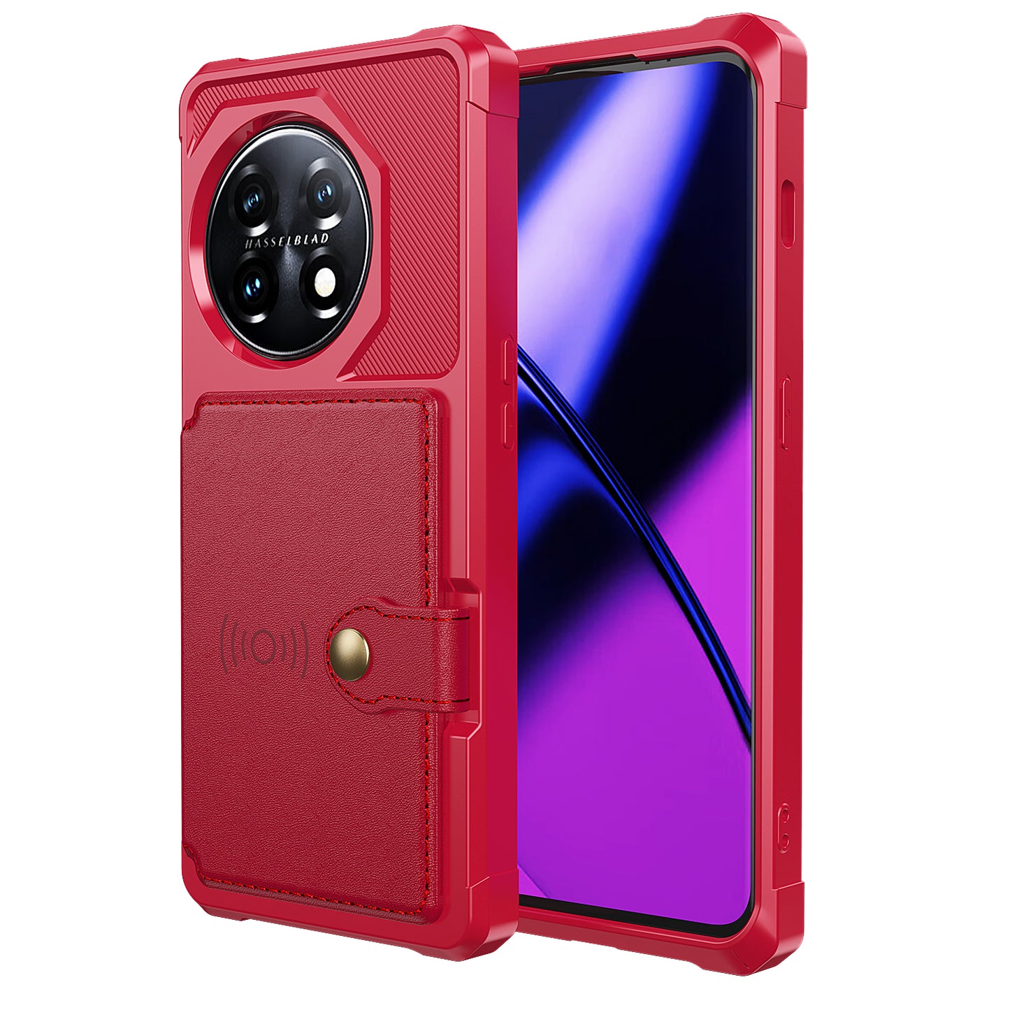 ZM03 For OnePlus 11 5G Shockproof Case PU Leather Coated TPU Phone Cover with Card Holder, Kickstand - Red