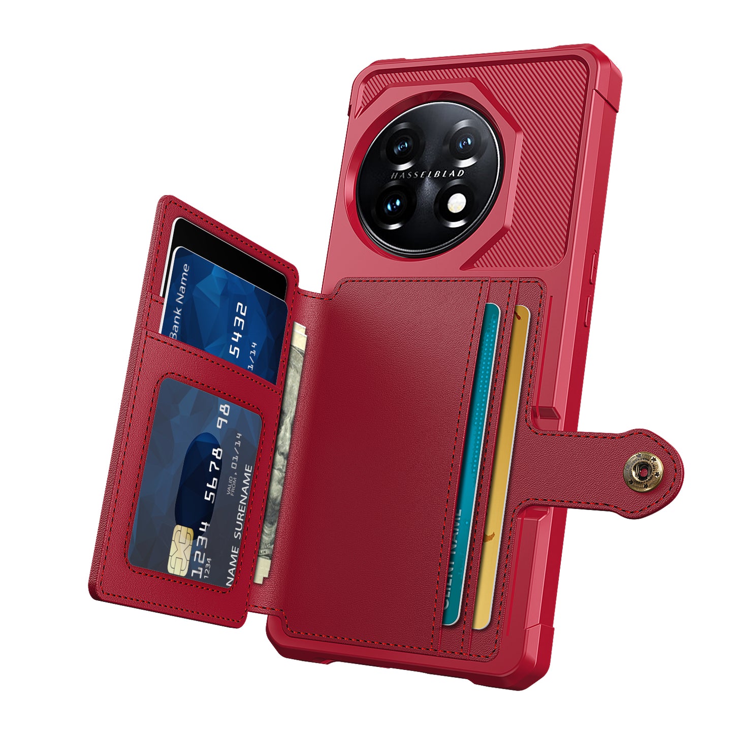 ZM03 For OnePlus 11 5G Shockproof Case PU Leather Coated TPU Phone Cover with Card Holder, Kickstand - Red