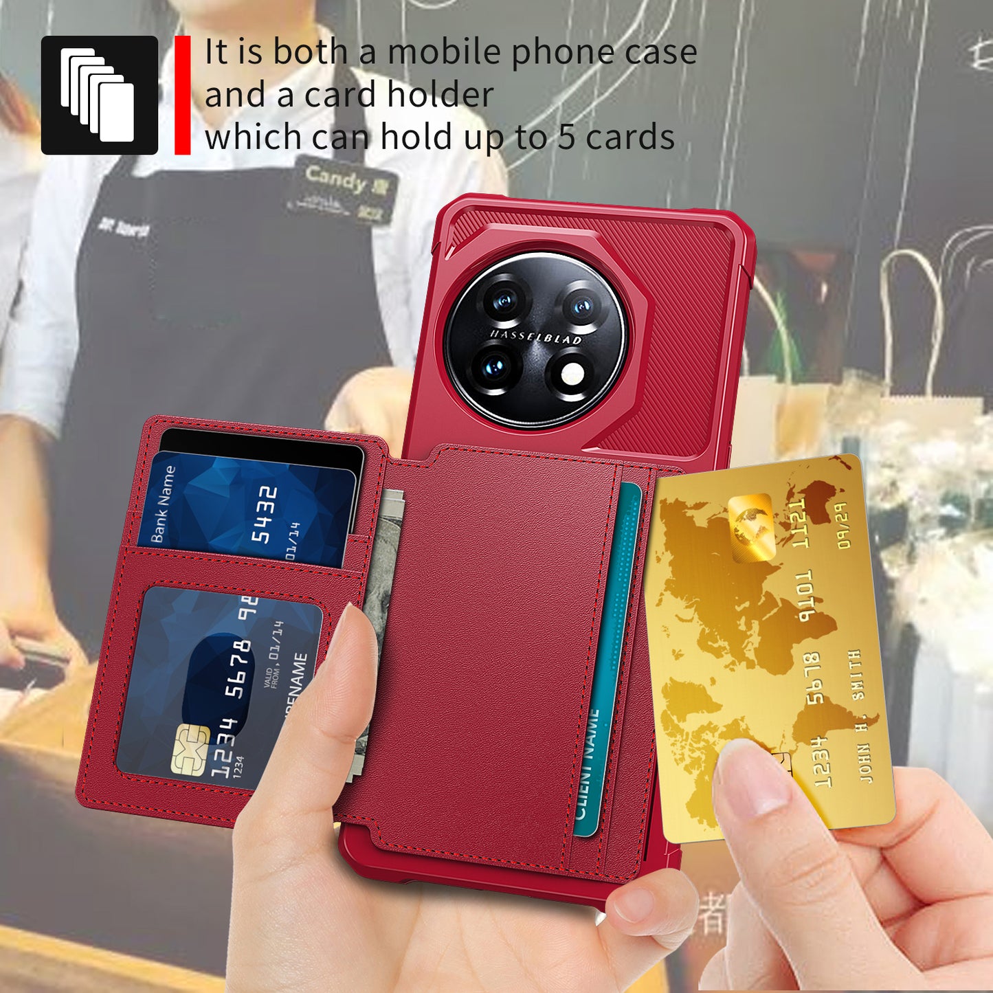 ZM03 For OnePlus 11 5G Shockproof Case PU Leather Coated TPU Phone Cover with Card Holder, Kickstand - Red