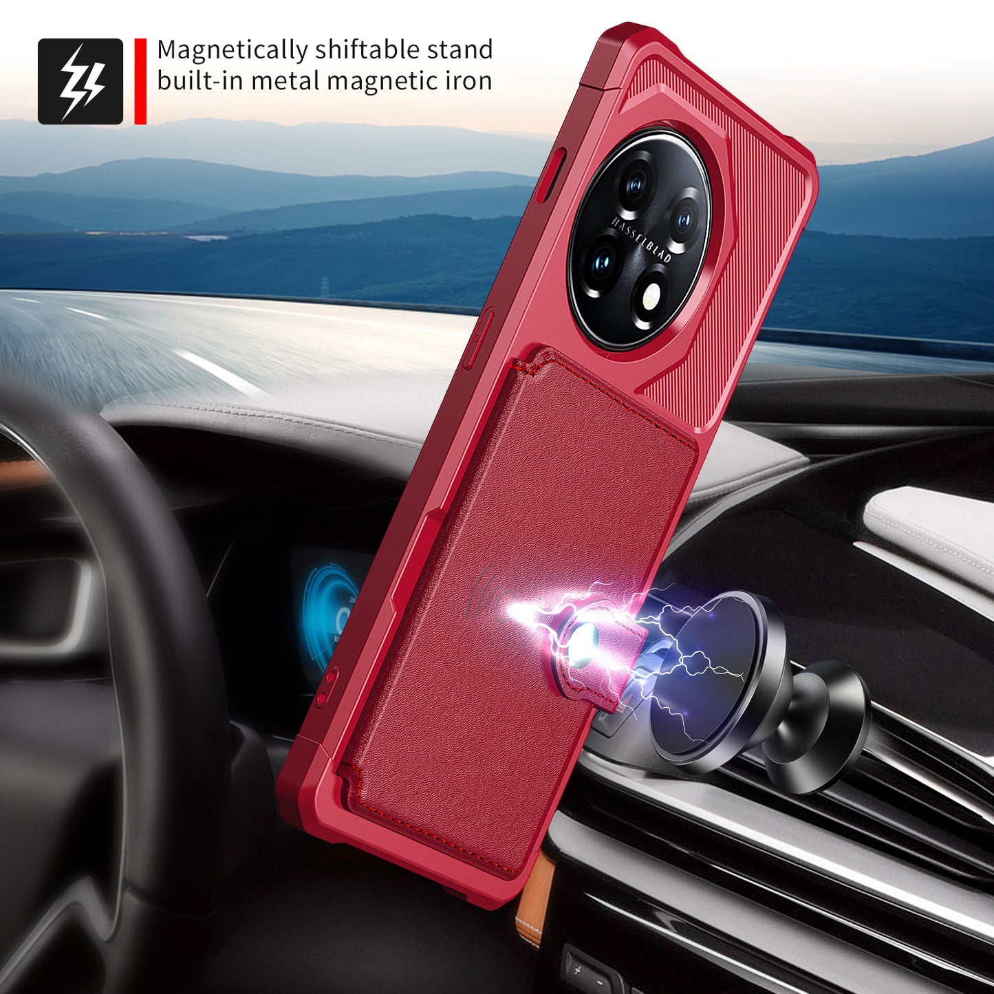 ZM03 For OnePlus 11 5G Shockproof Case PU Leather Coated TPU Phone Cover with Card Holder, Kickstand - Red