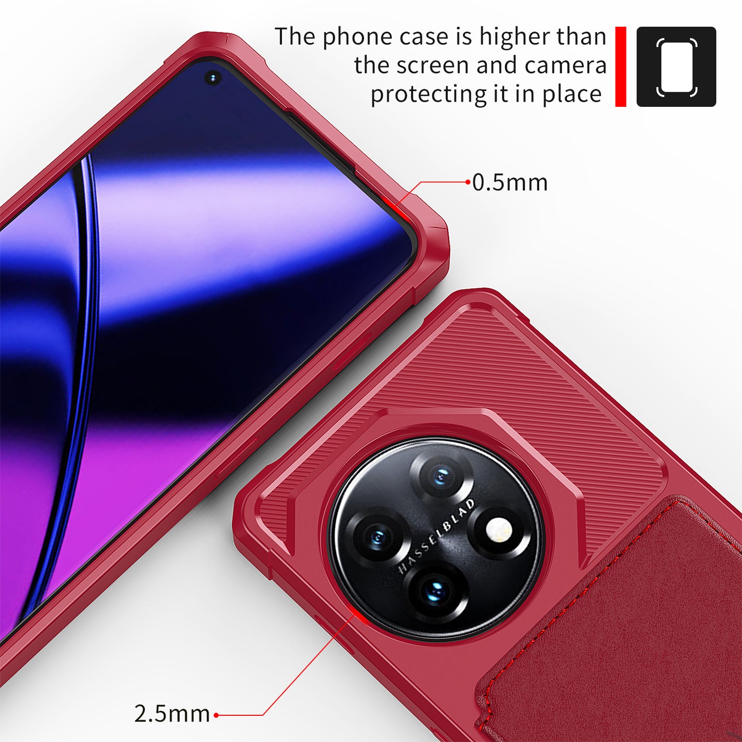 ZM03 For OnePlus 11 5G Shockproof Case PU Leather Coated TPU Phone Cover with Card Holder, Kickstand - Red