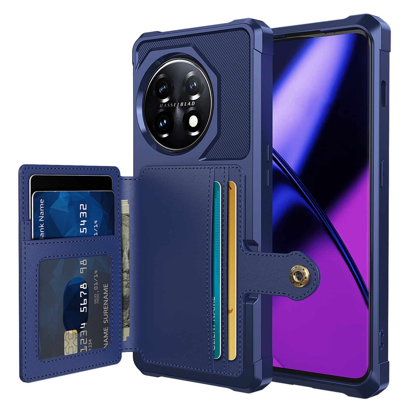 ZM03 For OnePlus 11 5G Shockproof Case PU Leather Coated TPU Phone Cover with Card Holder, Kickstand - Blue