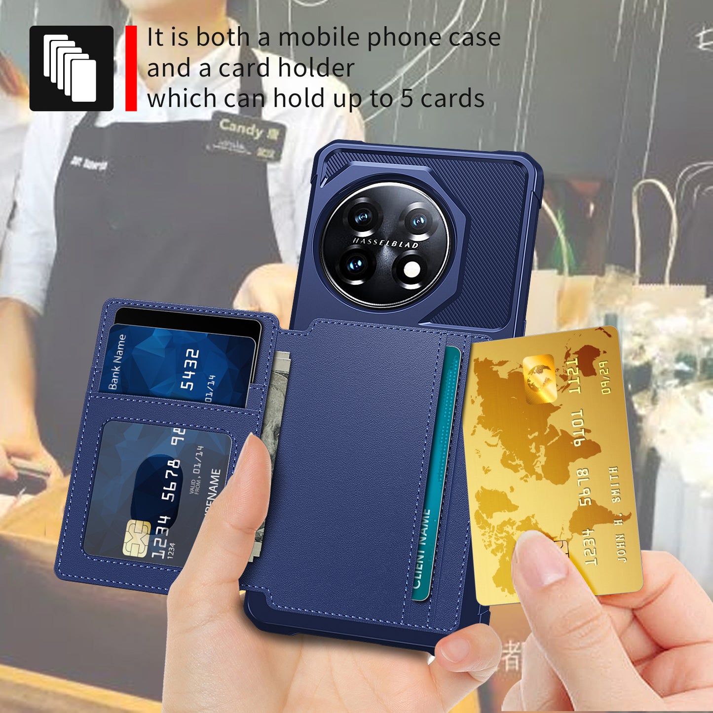 ZM03 For OnePlus 11 5G Shockproof Case PU Leather Coated TPU Phone Cover with Card Holder, Kickstand - Blue