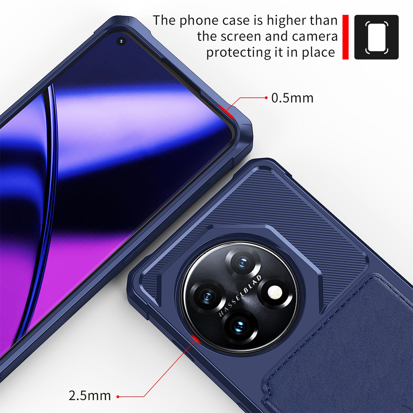 ZM03 For OnePlus 11 5G Shockproof Case PU Leather Coated TPU Phone Cover with Card Holder, Kickstand - Blue