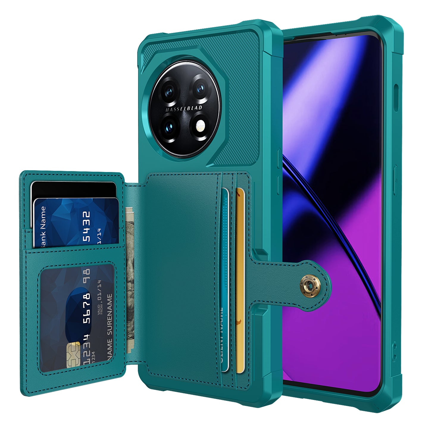 ZM03 For OnePlus 11 5G Shockproof Case PU Leather Coated TPU Phone Cover with Card Holder, Kickstand - Green