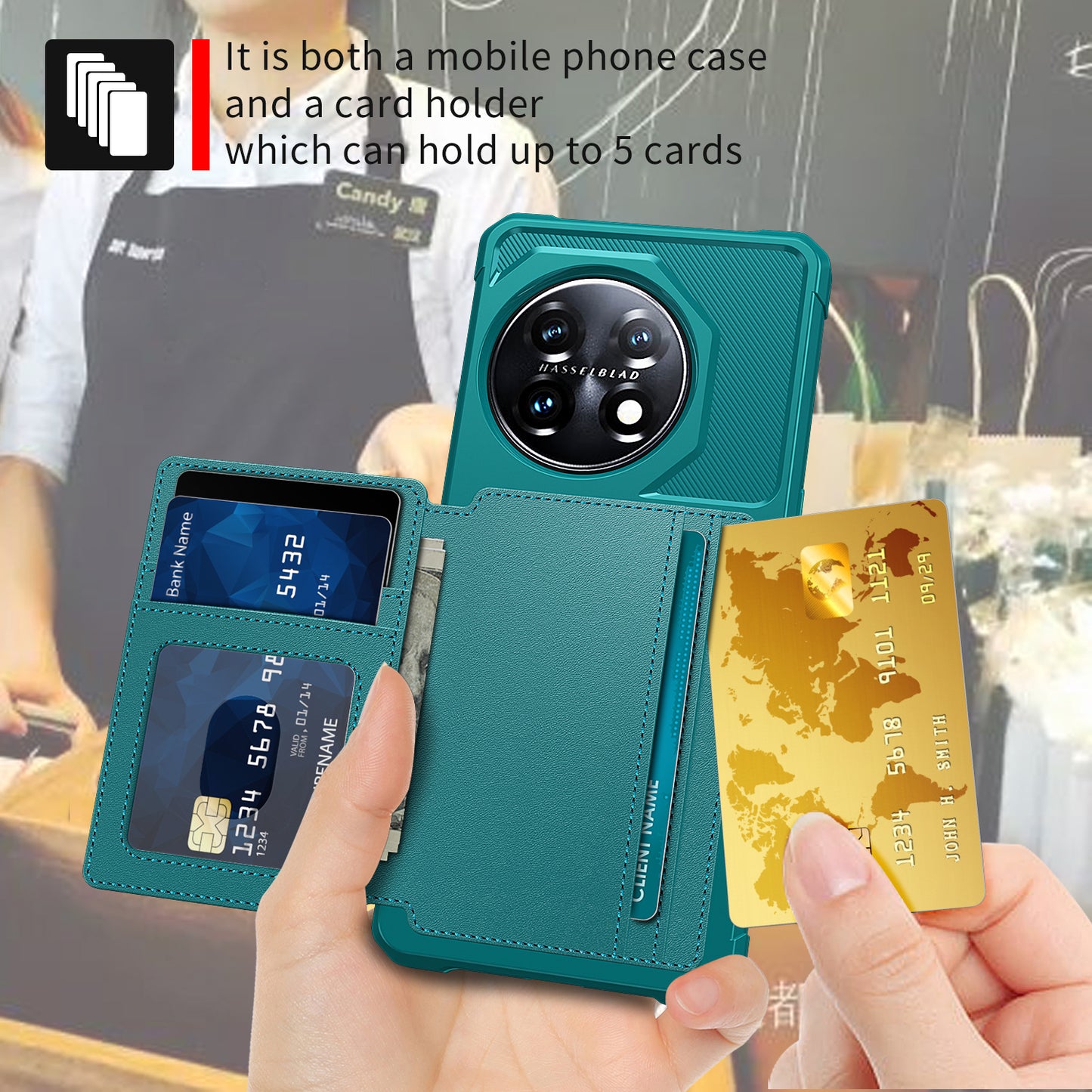 ZM03 For OnePlus 11 5G Shockproof Case PU Leather Coated TPU Phone Cover with Card Holder, Kickstand - Green