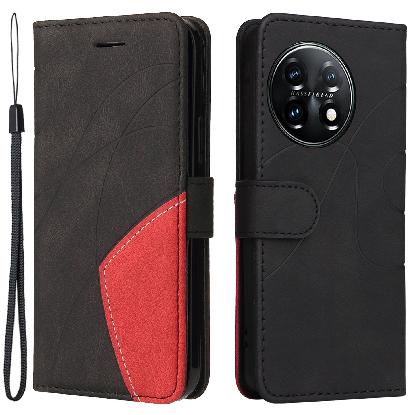 KT Leather Series-1 For OnePlus 11 5G Wallet Stand Protective Case Dual-color Splicing PU Leather Phone Cover - Black