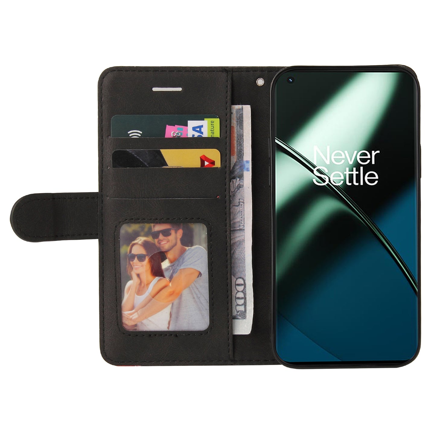KT Leather Series-1 For OnePlus 11 5G Wallet Stand Protective Case Dual-color Splicing PU Leather Phone Cover - Black