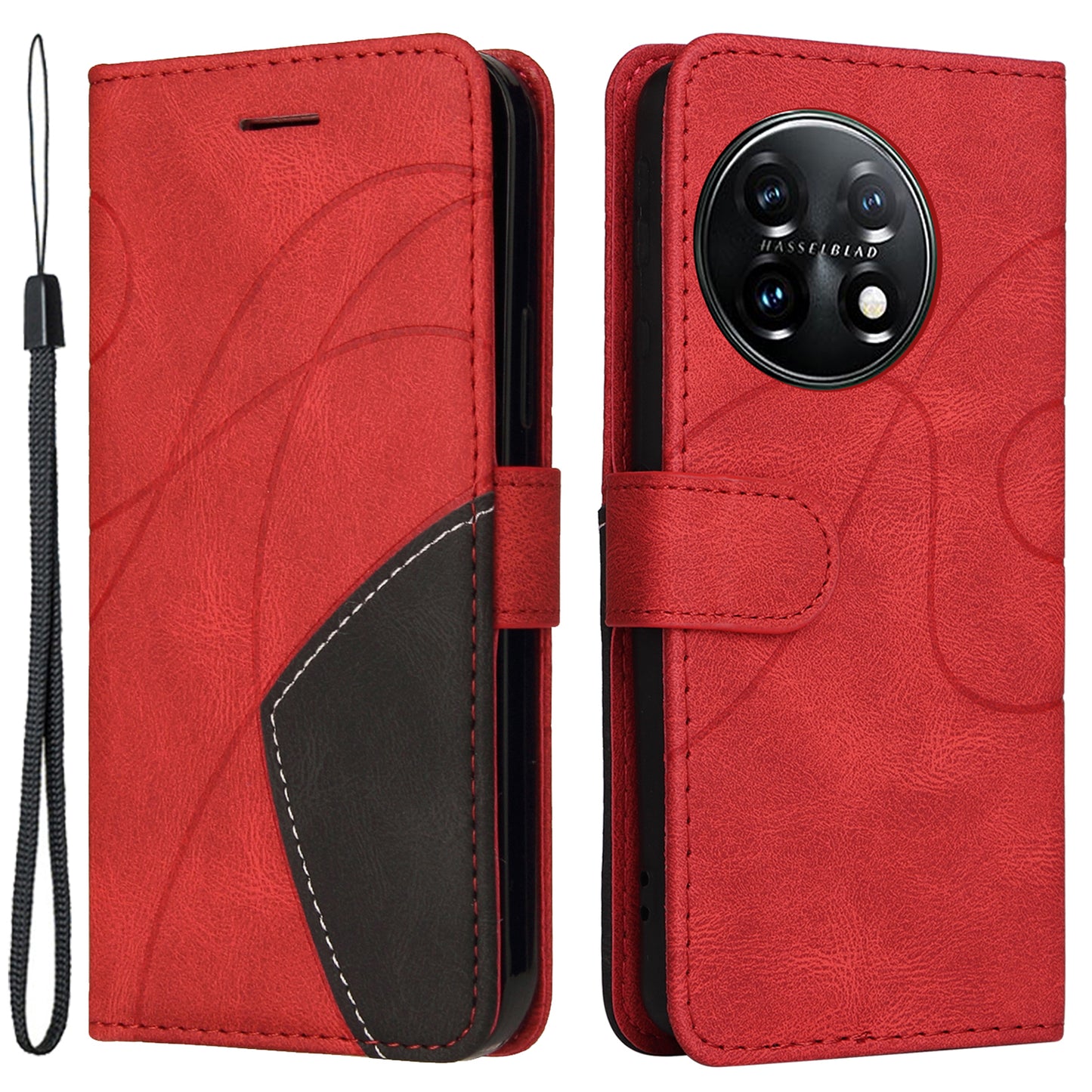 KT Leather Series-1 For OnePlus 11 5G Wallet Stand Protective Case Dual-color Splicing PU Leather Phone Cover - Red