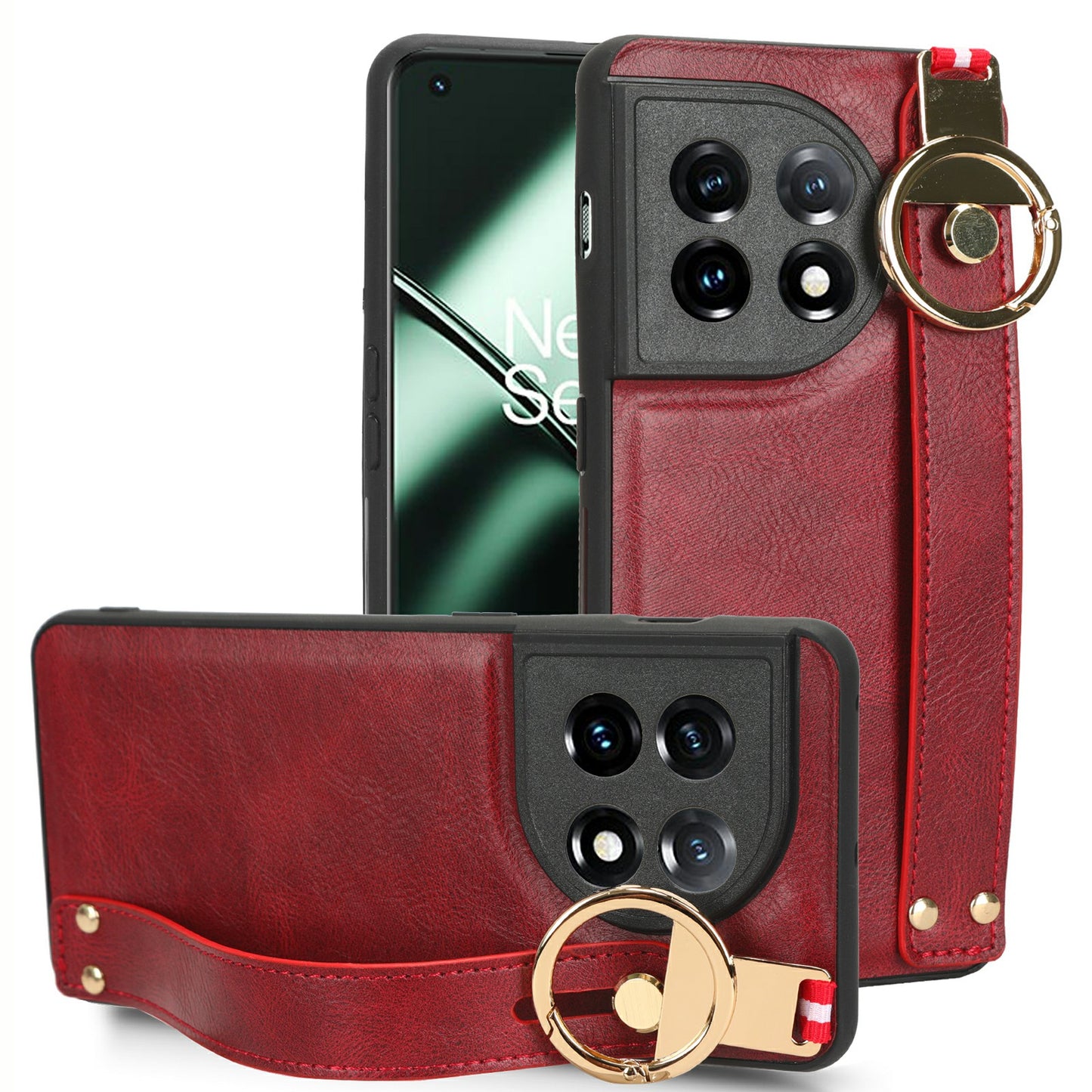 Wristband Kickstand Phone Cover for OnePlus 11 5G , Leather Coated PC+TPU Case with Neck Strap - Red