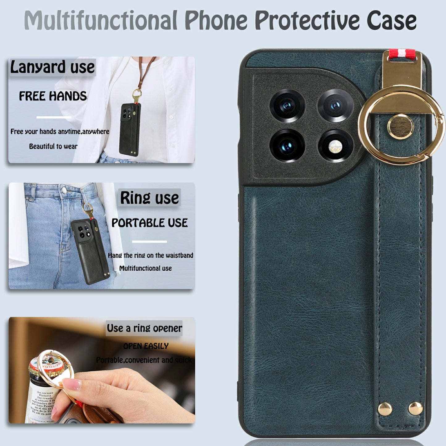 Wristband Kickstand Phone Cover for OnePlus 11 5G , Leather Coated PC+TPU Case with Neck Strap - Blue