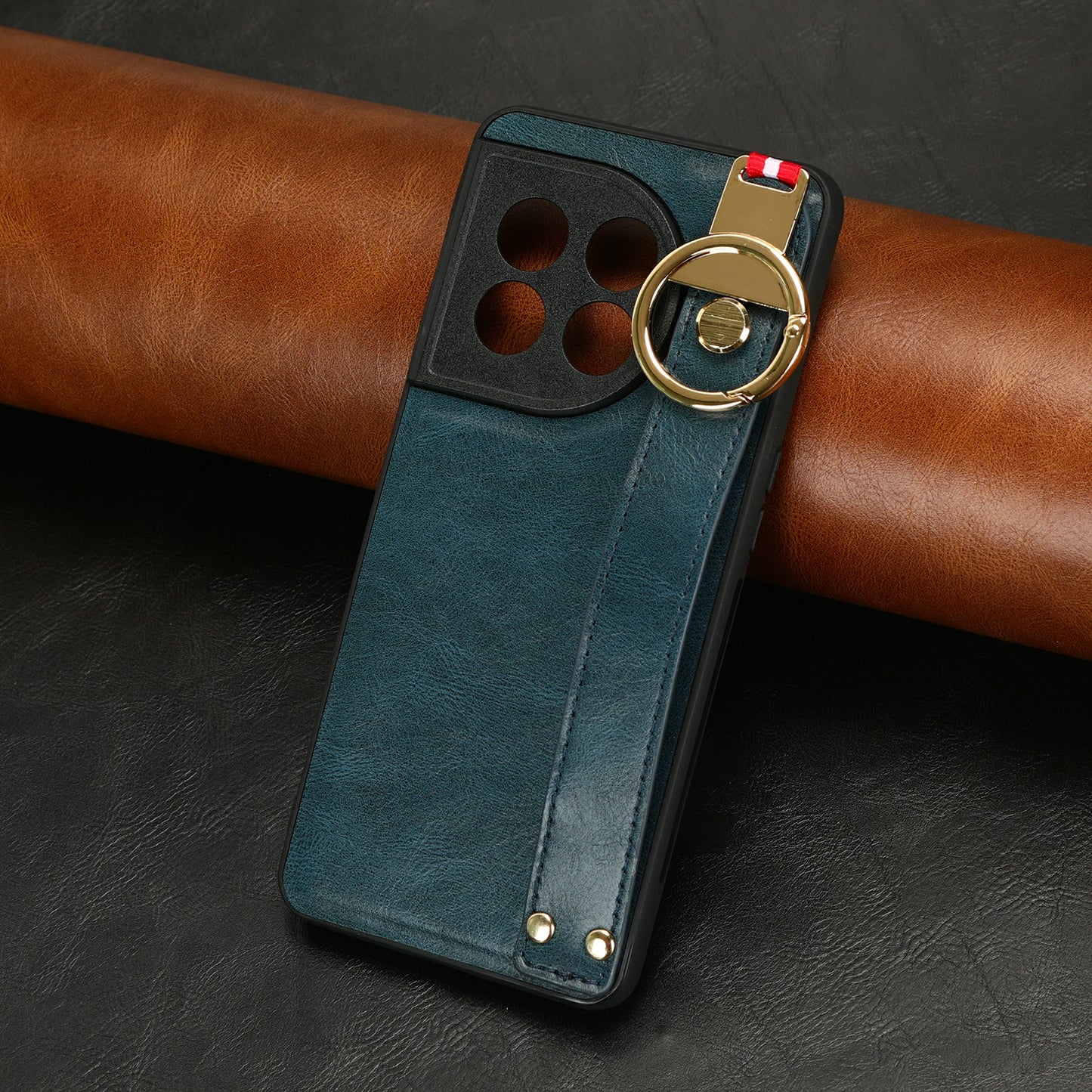 Wristband Kickstand Phone Cover for OnePlus 11 5G , Leather Coated PC+TPU Case with Neck Strap - Blue