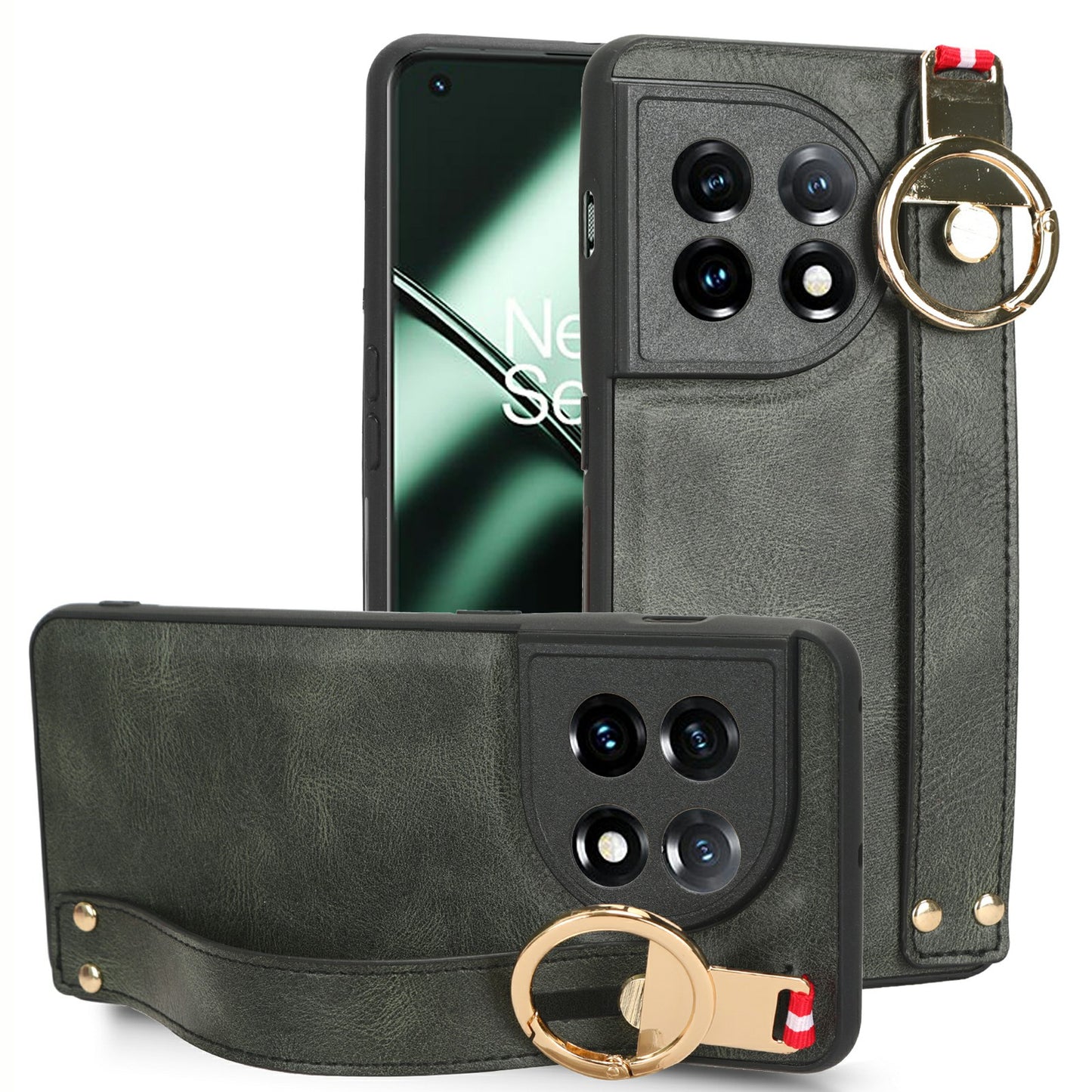 Wristband Kickstand Phone Cover for OnePlus 11 5G , Leather Coated PC+TPU Case with Neck Strap - Green