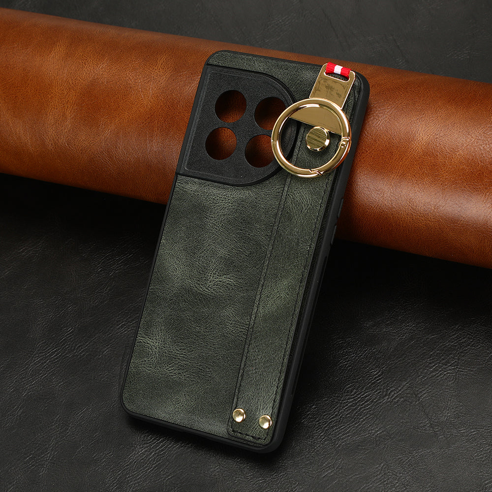Wristband Kickstand Phone Cover for OnePlus 11 5G , Leather Coated PC+TPU Case with Neck Strap - Green