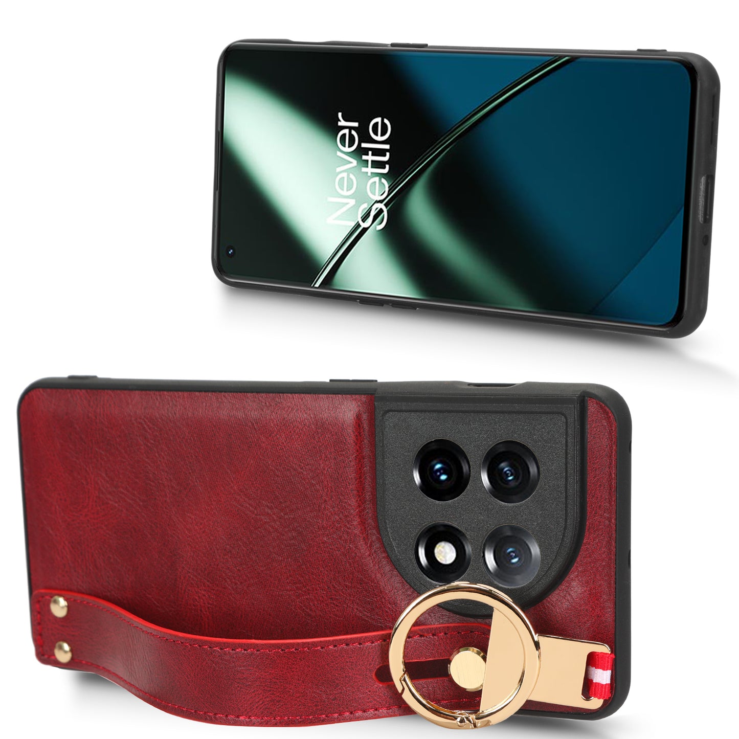 Leather Coated PC+TPU Case for OnePlus 11R 5G / Ace 2 5G , Wristband Kickstand Cell Phone Cover with Neck Strap - Red