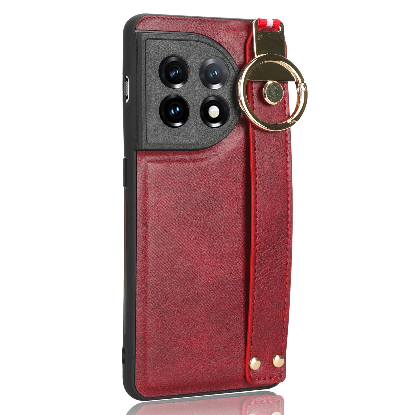 Leather Coated PC+TPU Case for OnePlus 11R 5G / Ace 2 5G , Wristband Kickstand Cell Phone Cover with Neck Strap - Red
