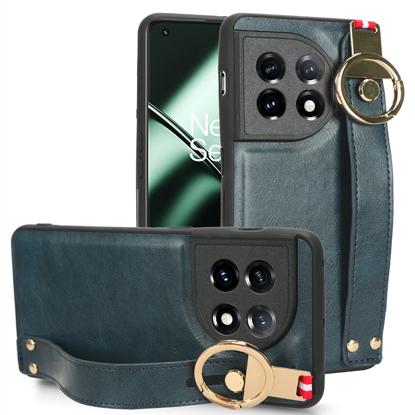 Leather Coated PC+TPU Case for OnePlus 11R 5G / Ace 2 5G , Wristband Kickstand Cell Phone Cover with Neck Strap - Blue