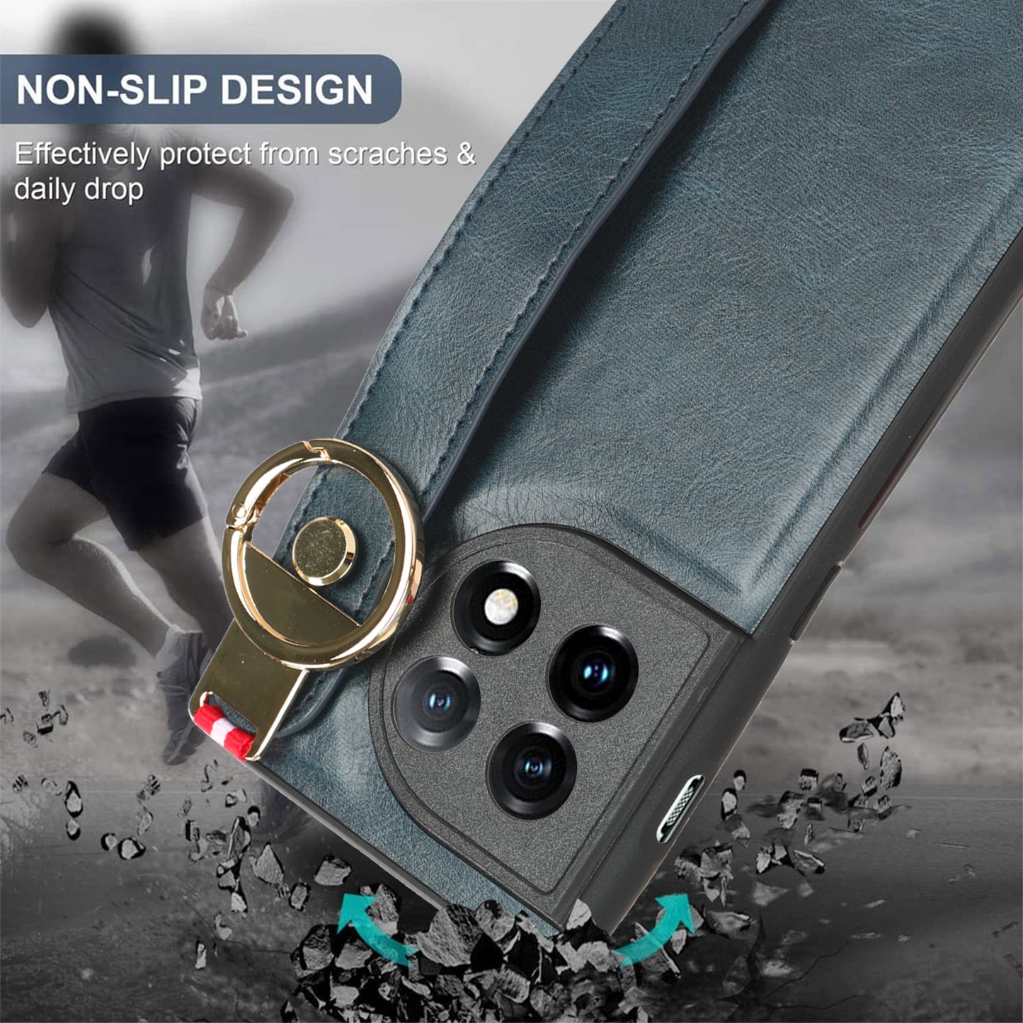 Leather Coated PC+TPU Case for OnePlus 11R 5G / Ace 2 5G , Wristband Kickstand Cell Phone Cover with Neck Strap - Blue