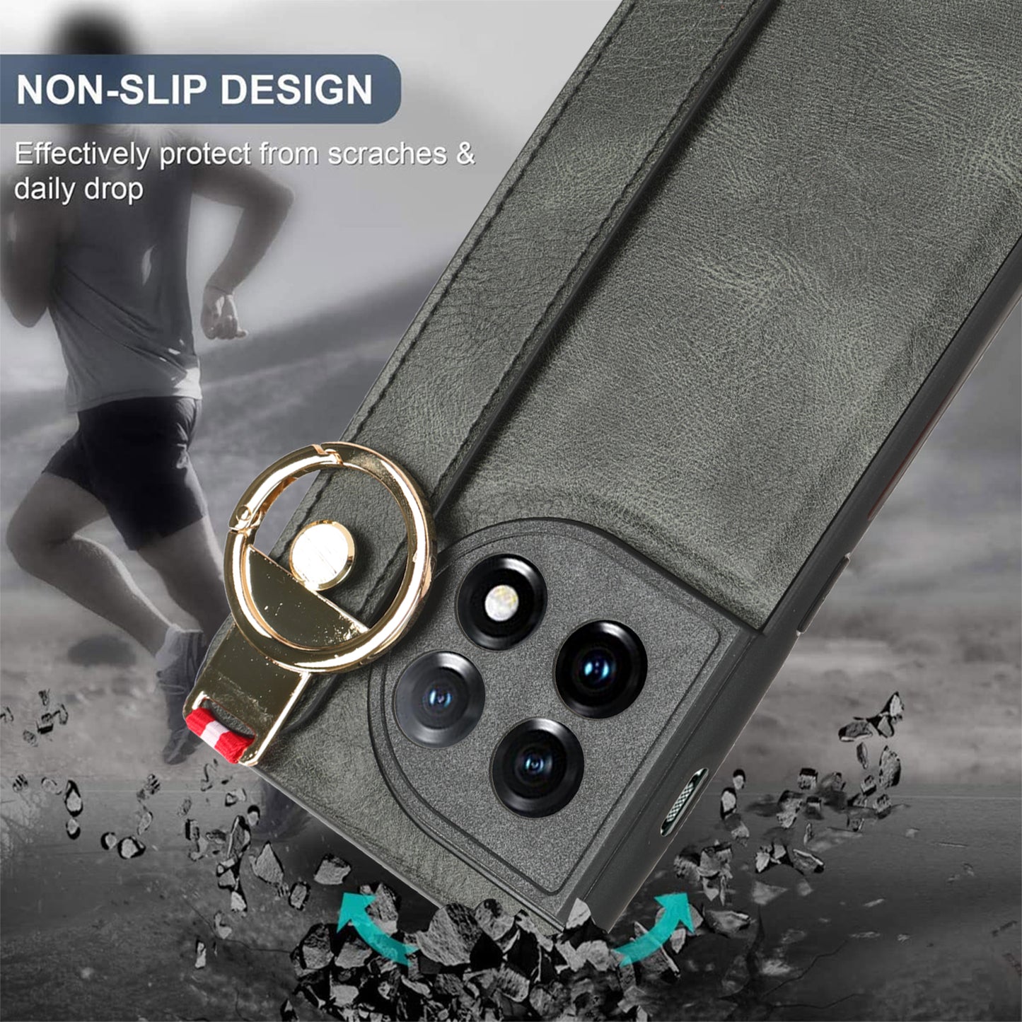 Leather Coated PC+TPU Case for OnePlus 11R 5G / Ace 2 5G , Wristband Kickstand Cell Phone Cover with Neck Strap - Green