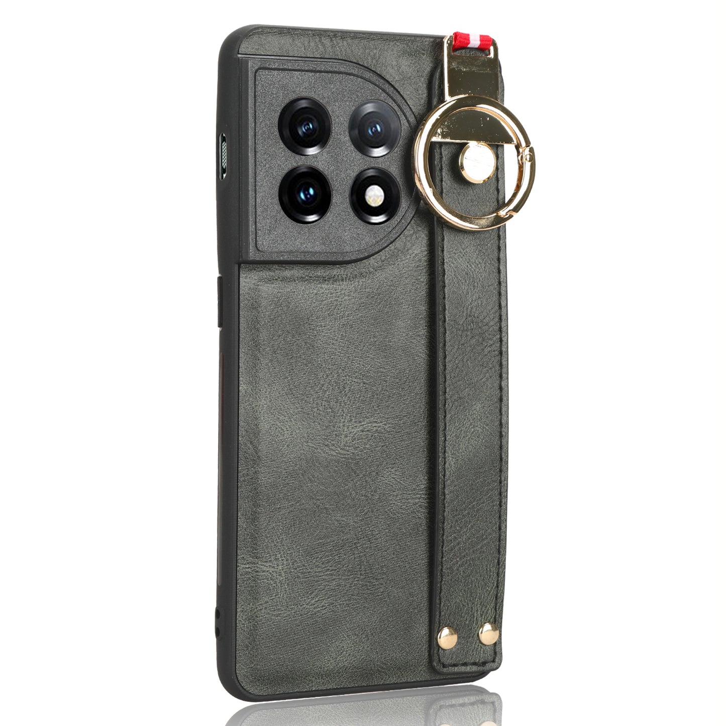 Leather Coated PC+TPU Case for OnePlus 11R 5G / Ace 2 5G , Wristband Kickstand Cell Phone Cover with Neck Strap - Green