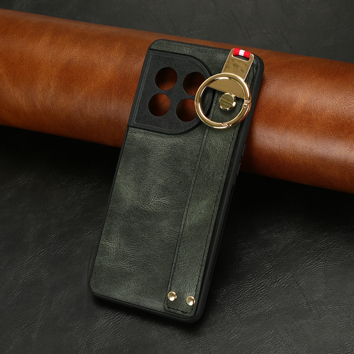 Leather Coated PC+TPU Case for OnePlus 11R 5G / Ace 2 5G , Wristband Kickstand Cell Phone Cover with Neck Strap - Green