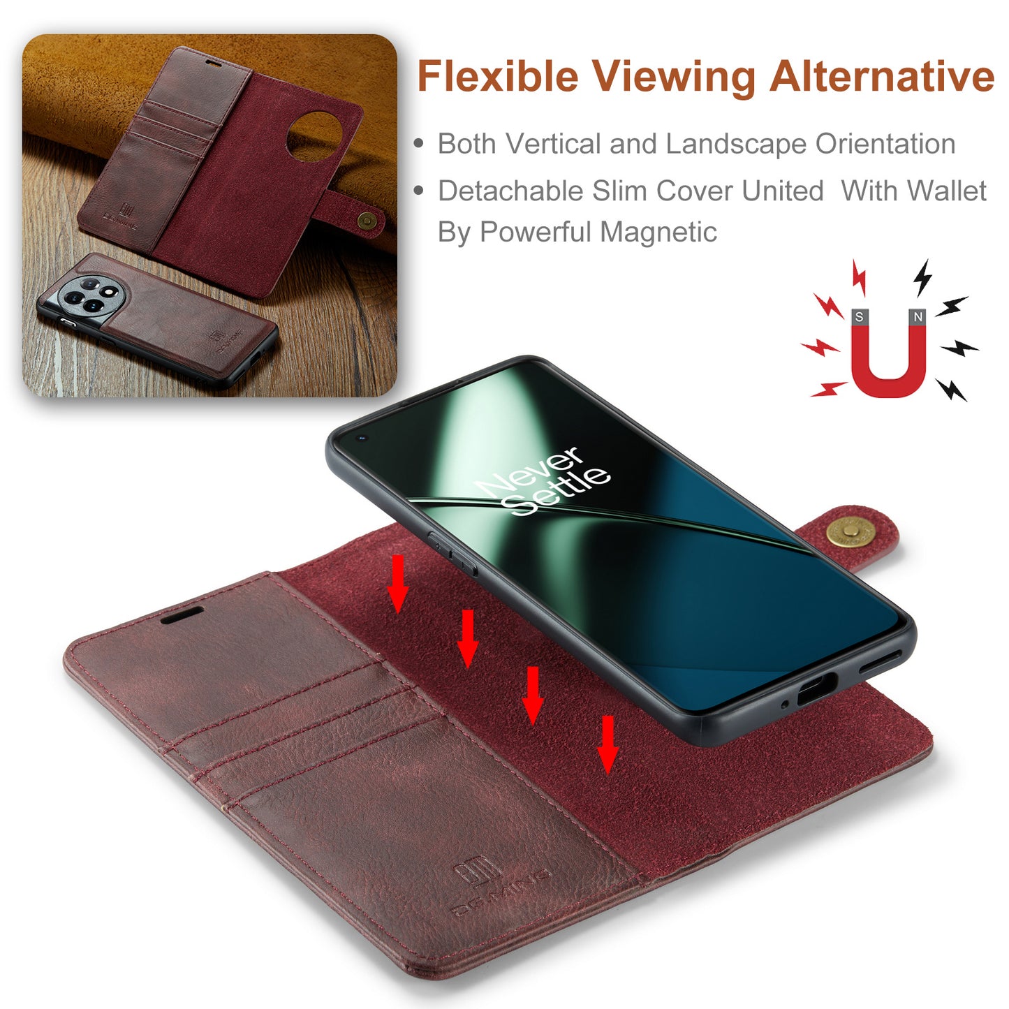 DG.MING For OnePlus 11 5G Detachable Magnetic Anti-drop Case Split Leather Wallet Stand Phone Cover - Red