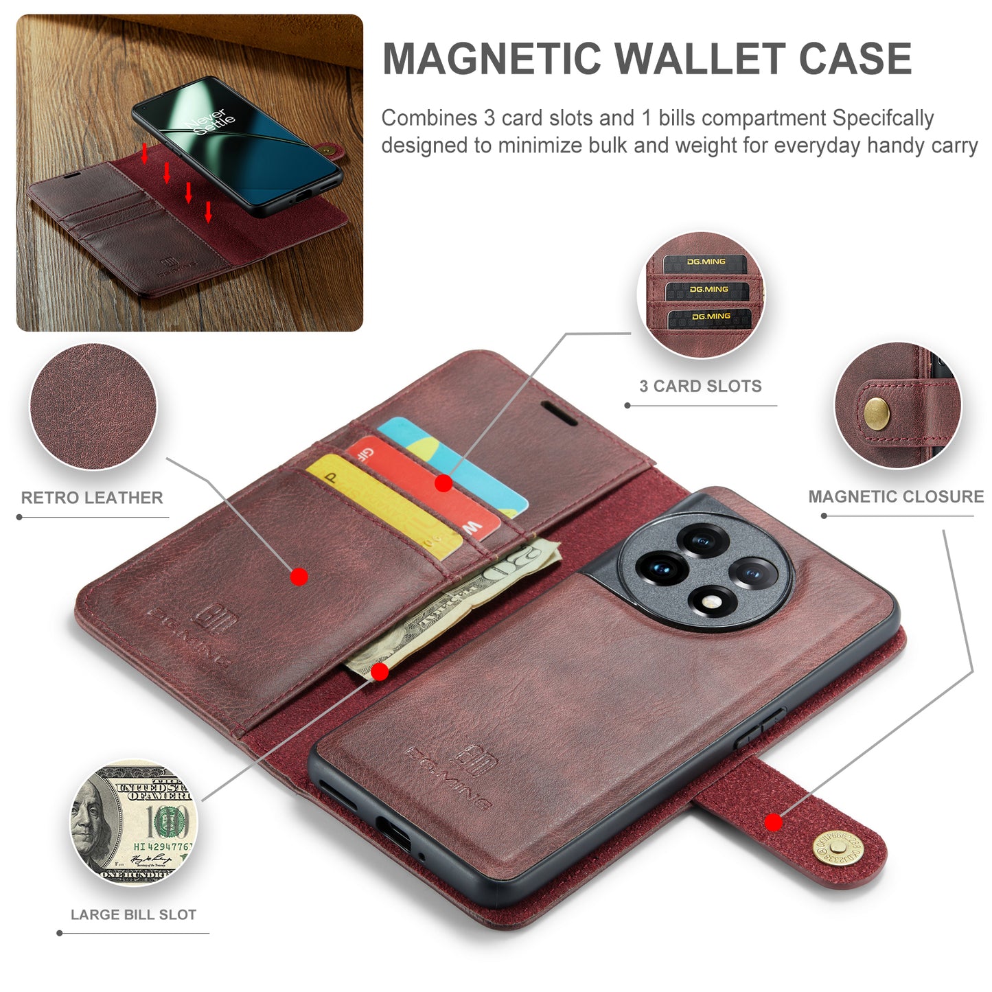 DG.MING For OnePlus 11 5G Detachable Magnetic Anti-drop Case Split Leather Wallet Stand Phone Cover - Red