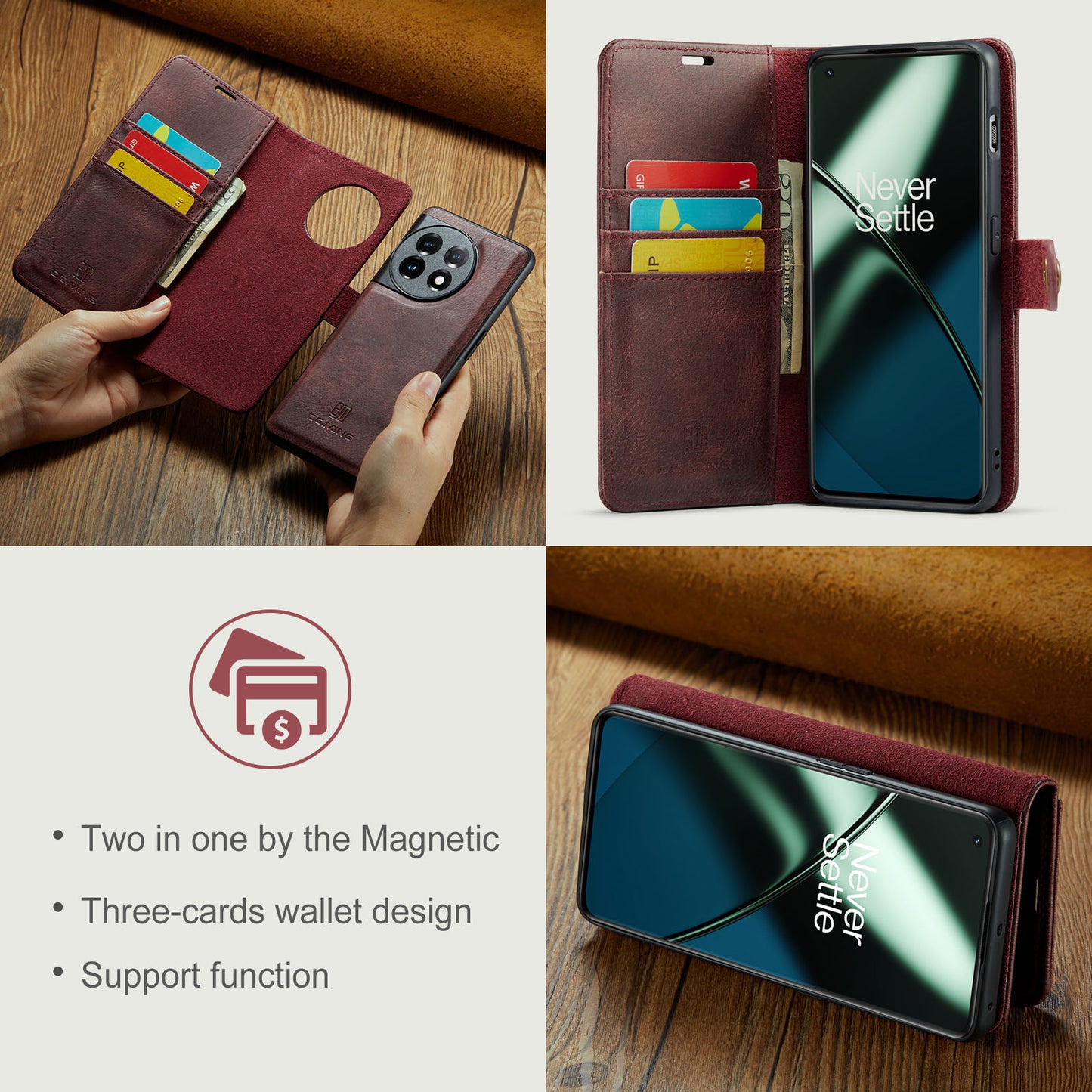 DG.MING For OnePlus 11 5G Detachable Magnetic Anti-drop Case Split Leather Wallet Stand Phone Cover - Red
