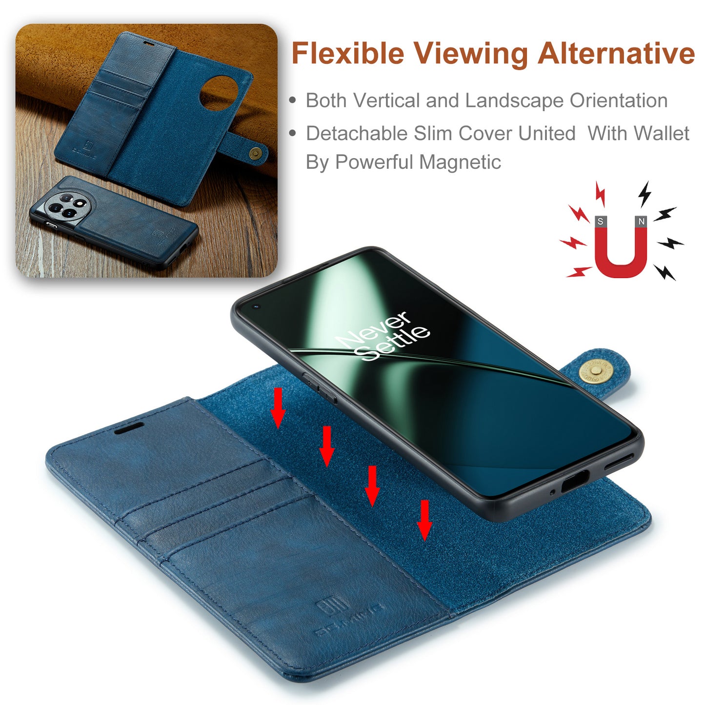 DG.MING For OnePlus 11 5G Detachable Magnetic Anti-drop Case Split Leather Wallet Stand Phone Cover - Blue