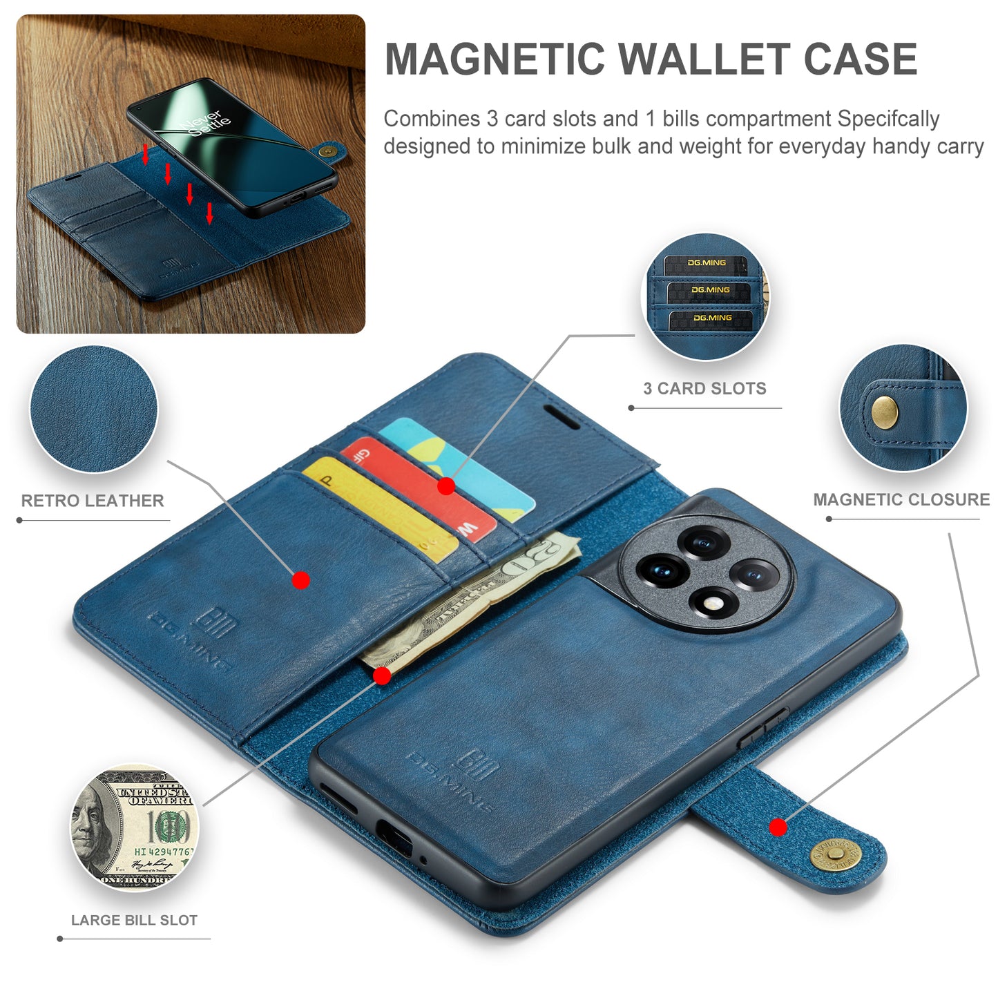 DG.MING For OnePlus 11 5G Detachable Magnetic Anti-drop Case Split Leather Wallet Stand Phone Cover - Blue