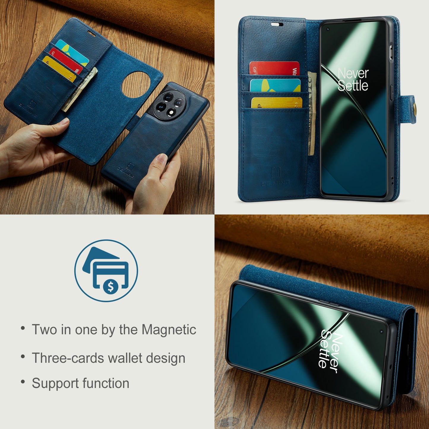 DG.MING For OnePlus 11 5G Detachable Magnetic Anti-drop Case Split Leather Wallet Stand Phone Cover - Blue