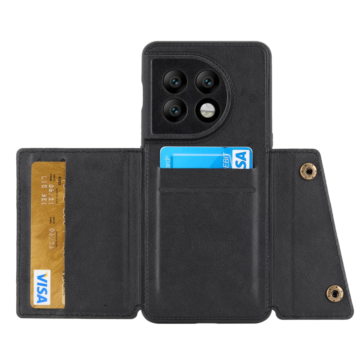For OnePlus 11 5G Card Holder Phone Case PU Leather Coated TPU Kickstand Case with Car Mount Metal Sheet - Black