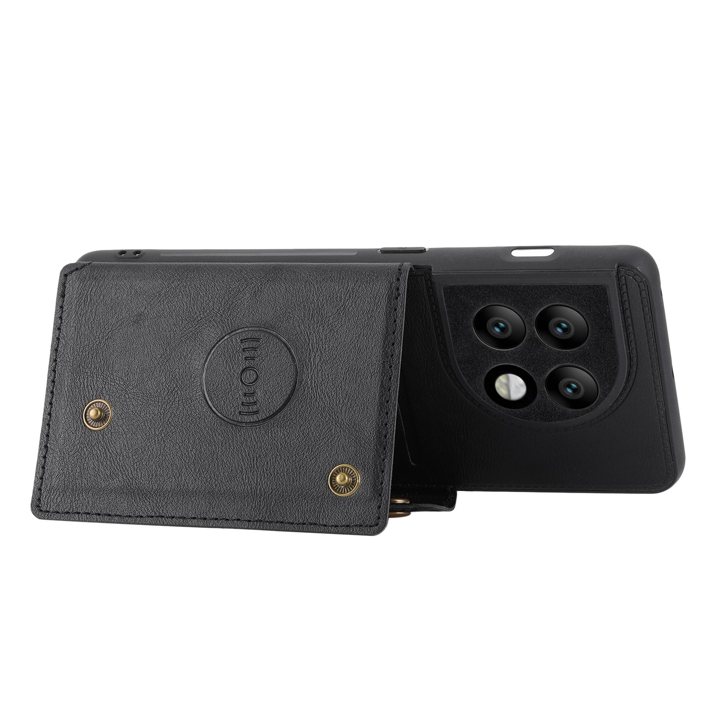 For OnePlus 11 5G Card Holder Phone Case PU Leather Coated TPU Kickstand Case with Car Mount Metal Sheet - Black