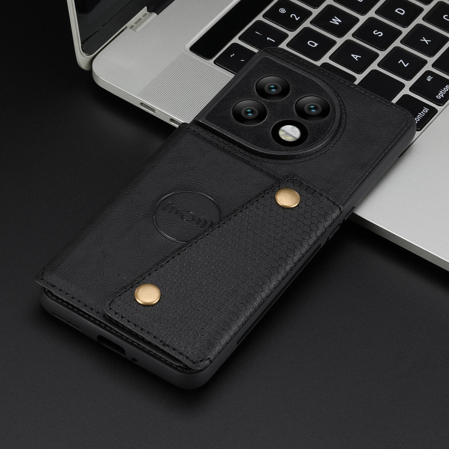 For OnePlus 11 5G Card Holder Phone Case PU Leather Coated TPU Kickstand Case with Car Mount Metal Sheet - Black