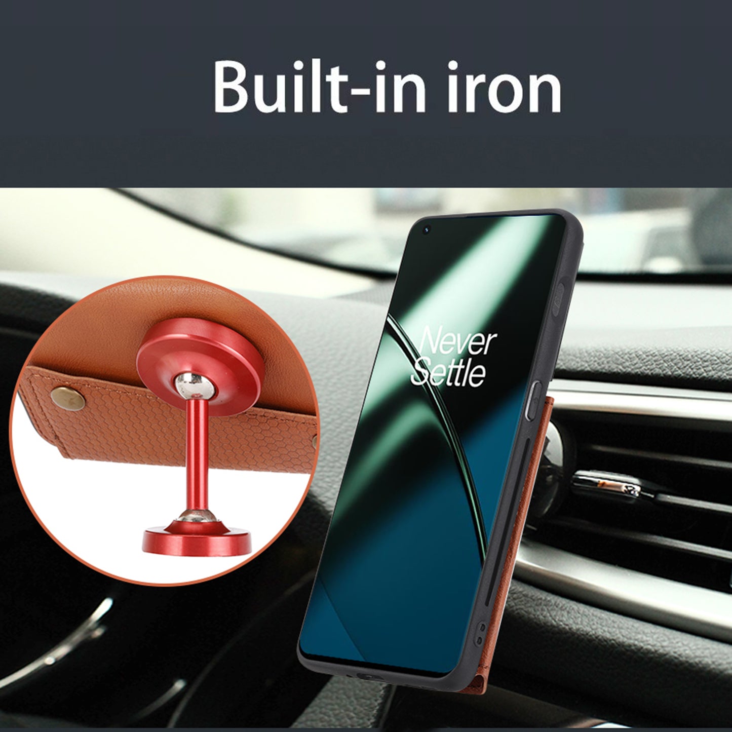 For OnePlus 11 5G Card Holder Phone Case PU Leather Coated TPU Kickstand Case with Car Mount Metal Sheet - Black