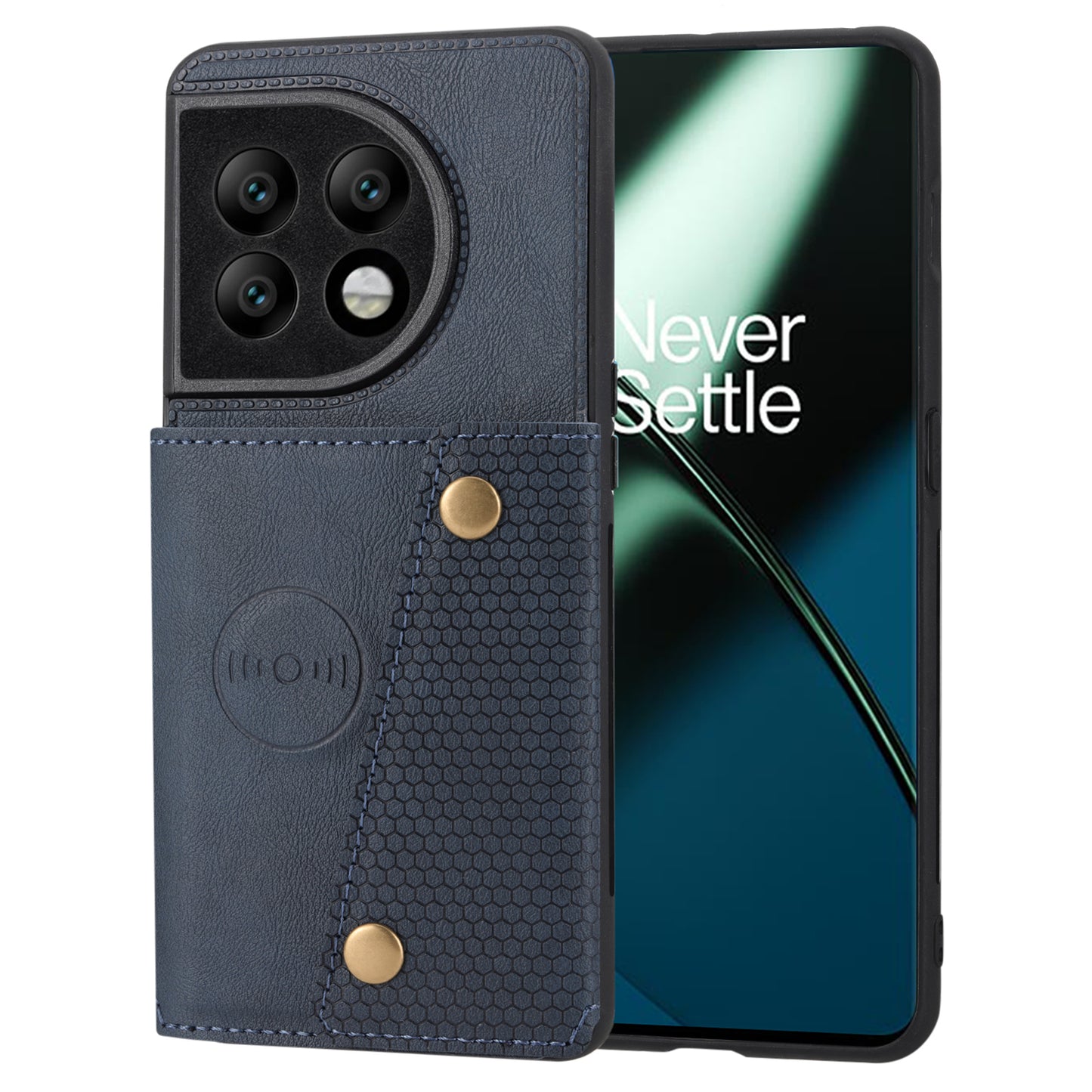 For OnePlus 11 5G Card Holder Phone Case PU Leather Coated TPU Kickstand Case with Car Mount Metal Sheet - Blue